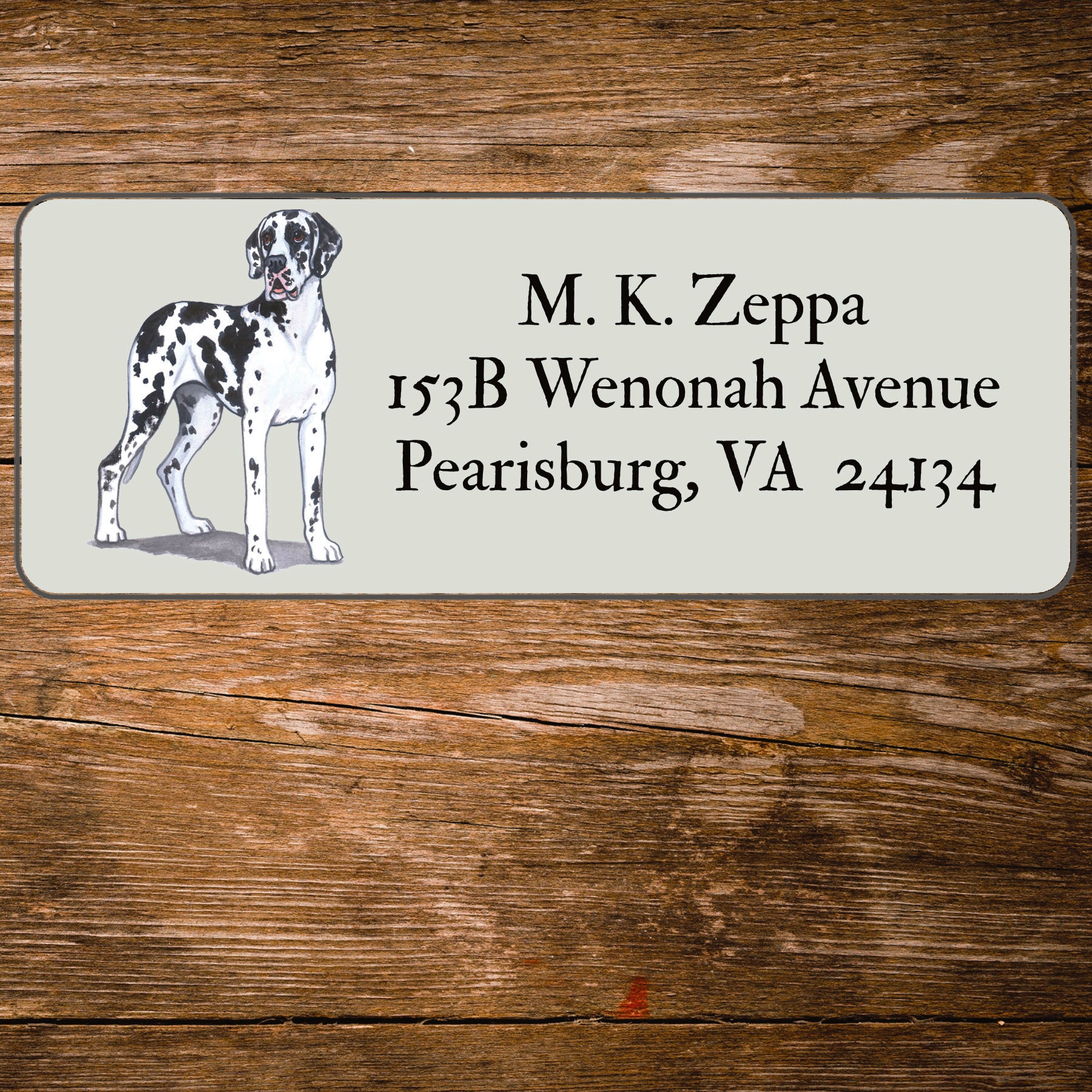 Return address label with a Great Dane illustration.