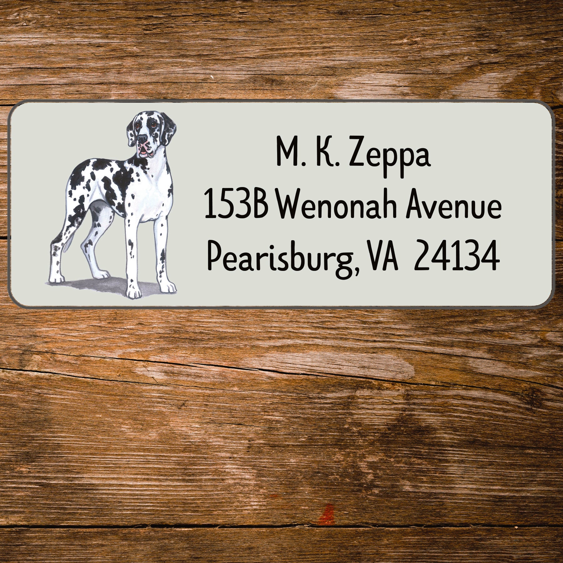 Return address label with a Great Dane illustration.
