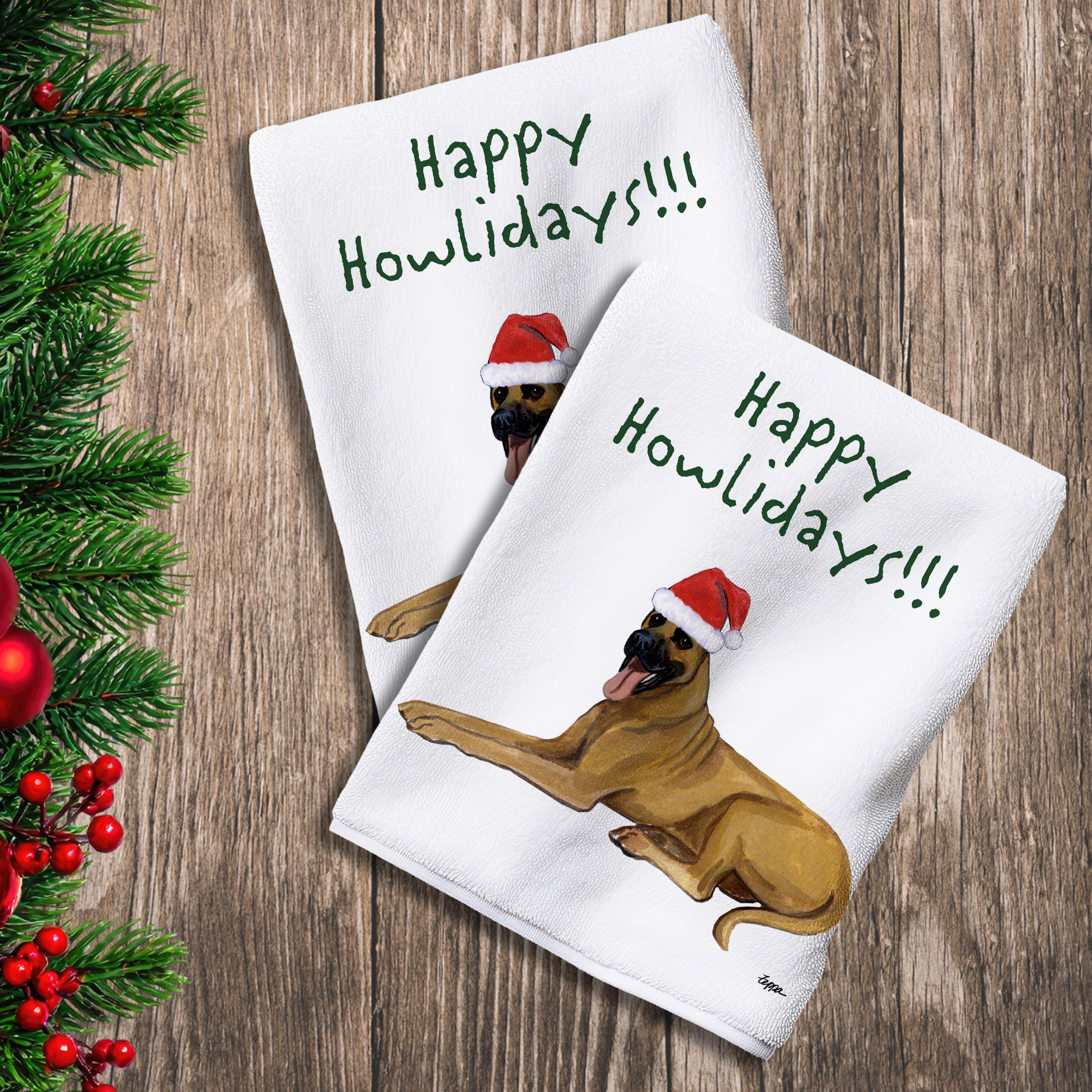 2 Kitchen Towels with a Great Dane in a Santa Hat and Happy Howlidays text.
