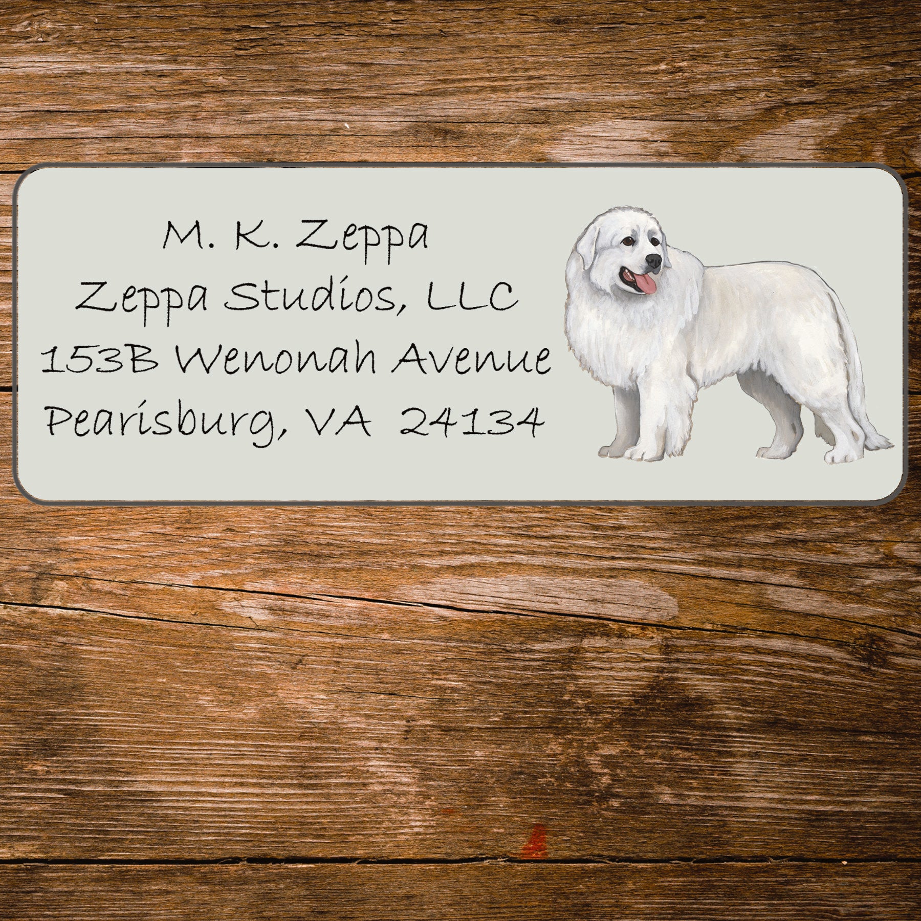 Return address label with a Great Pyrenees illustration.