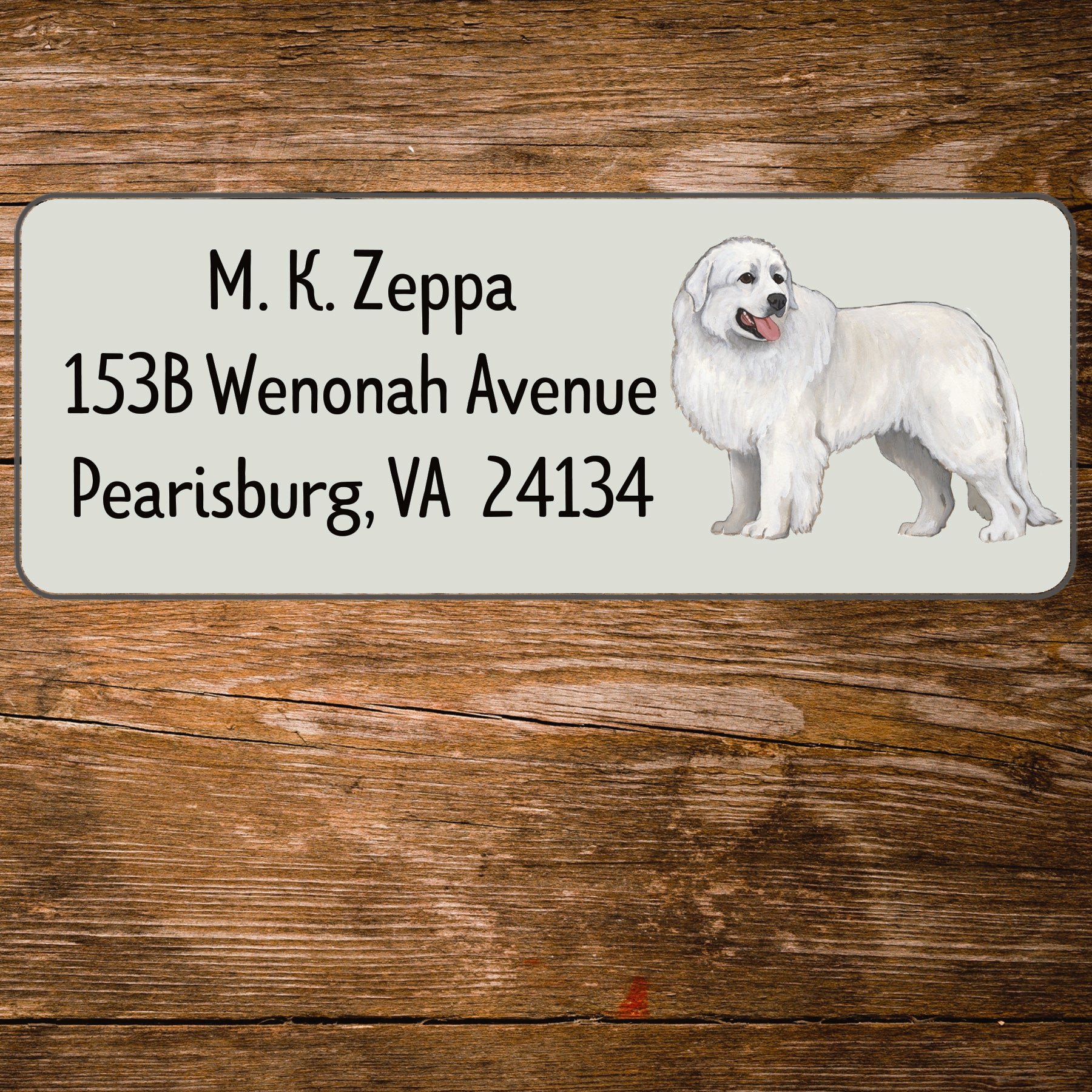 Return address label with a Great Pyrenees illustration.