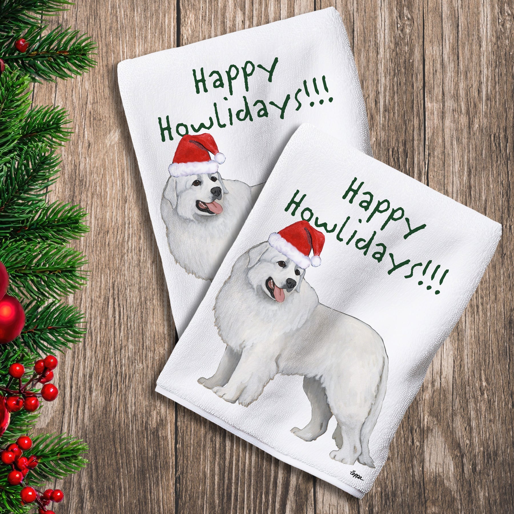 2 Kitchen Towels with a Great Pyrenees in a Santa Hat and Happy Howlidays text.