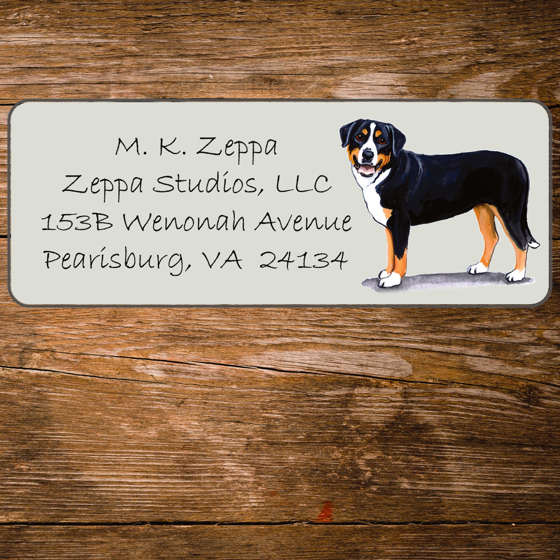 Return address label with a Greater Swiss Mountain Dog illustration.