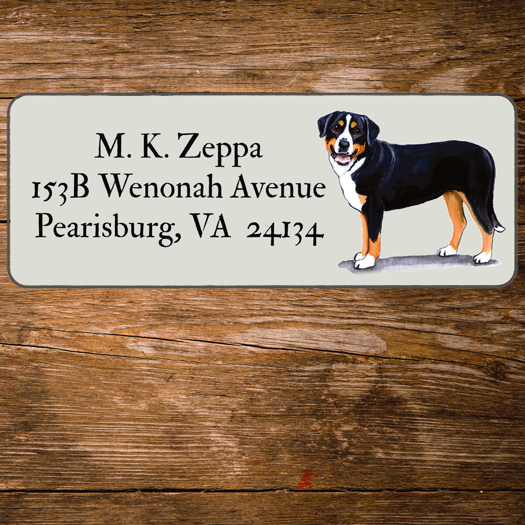 Return address label with a Greater Swiss Mountain Dog illustration.