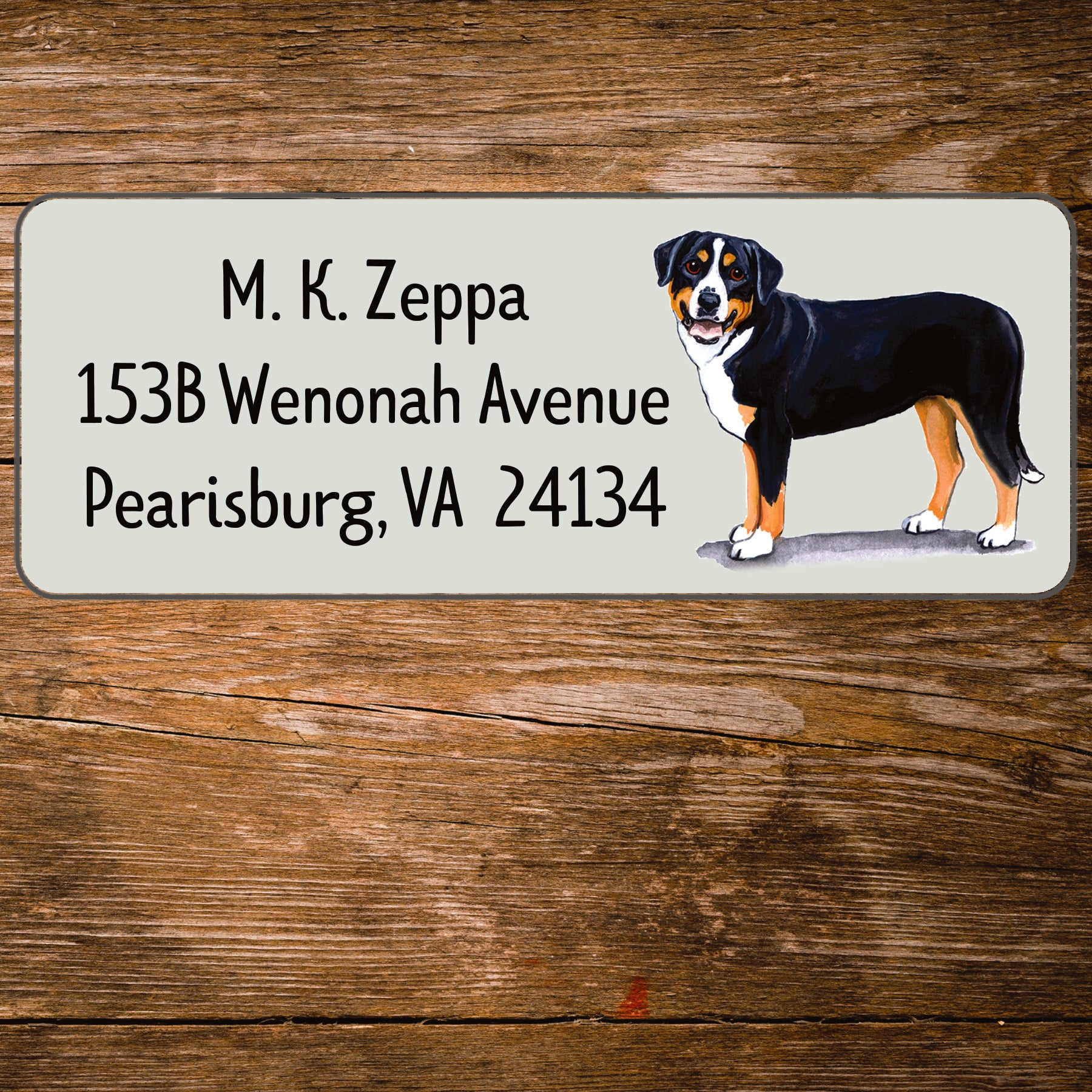 Return address label with a Greater Swiss Mountain Dog illustration.