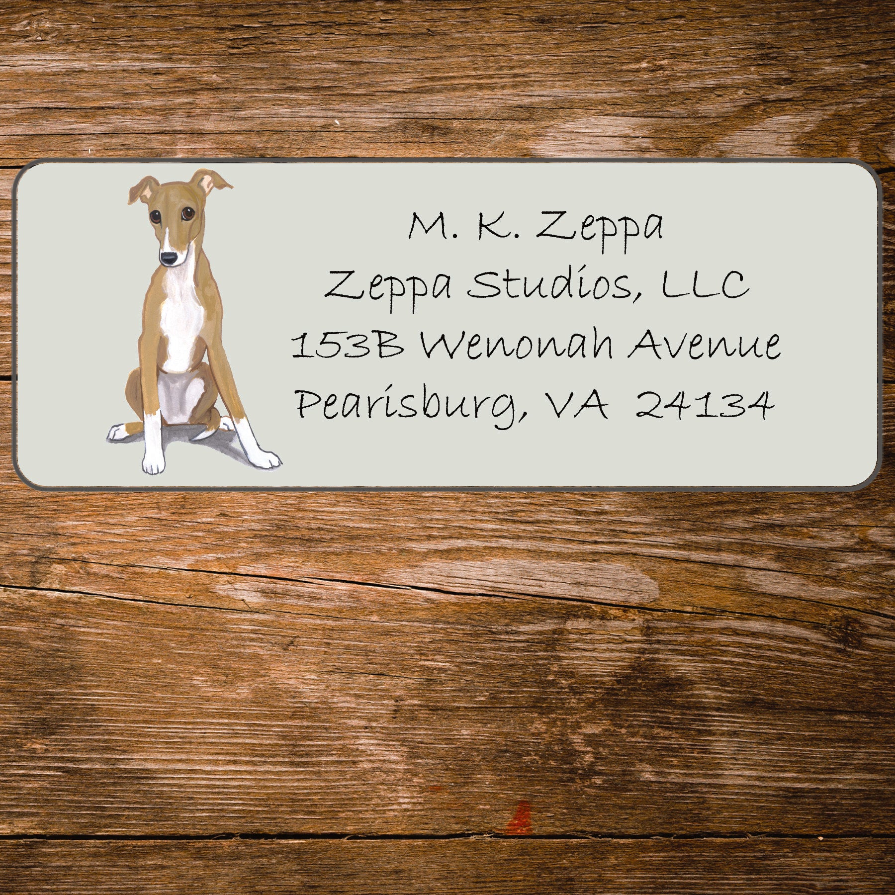 Return address label with a Greyhound illustration.