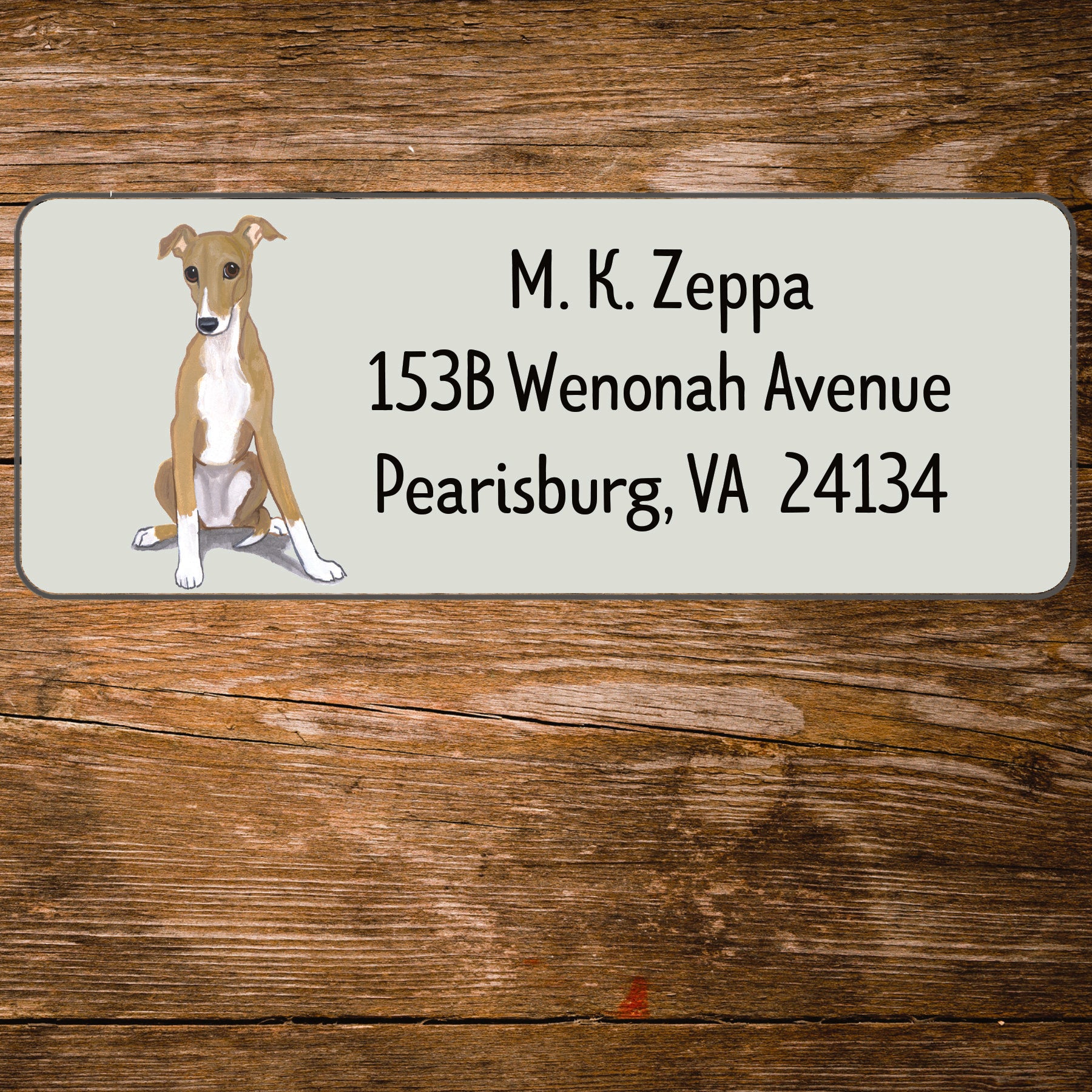 Return address label with a Greyhound illustration.