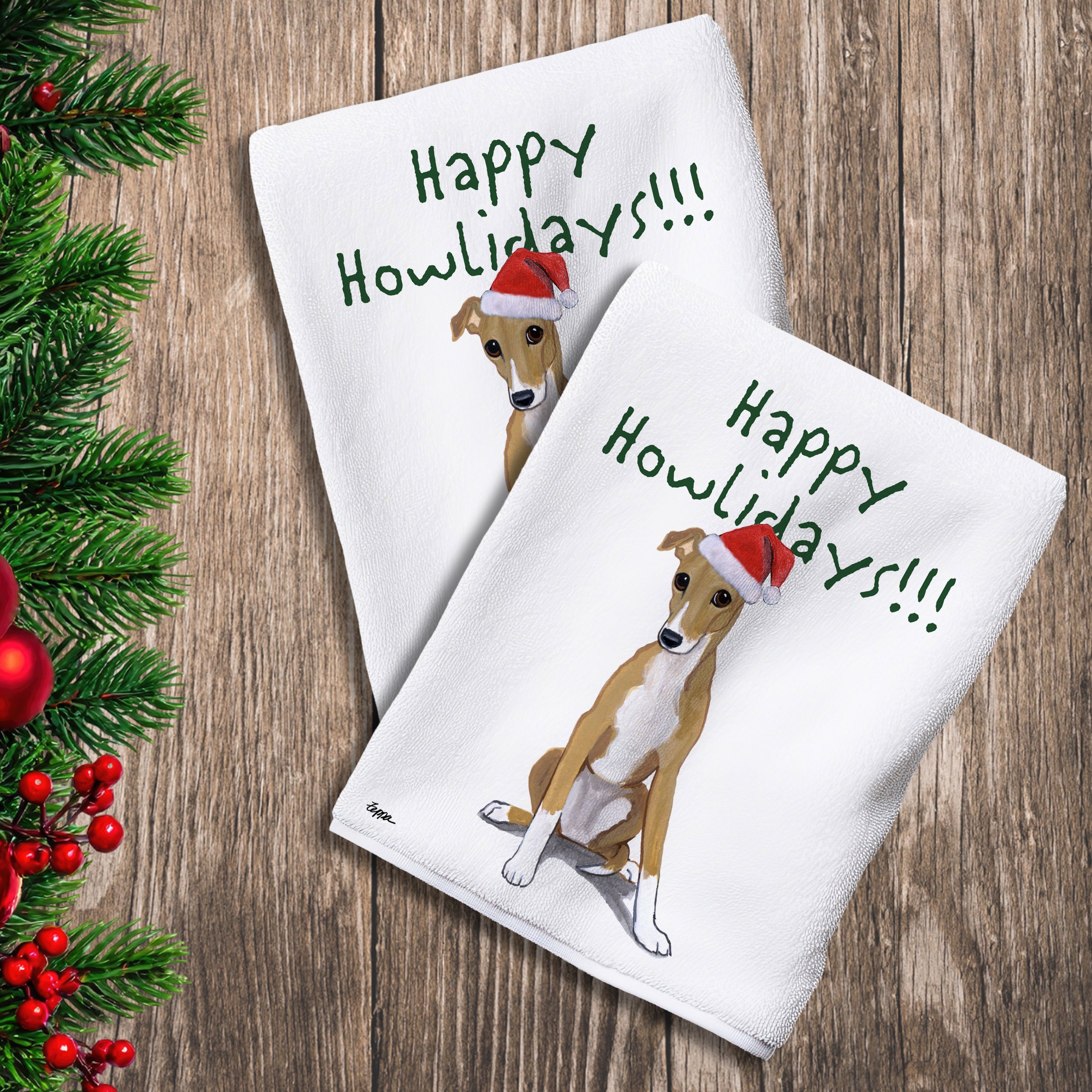 2 Kitchen Towels with a Greyhound Puppy in a Santa Hat and Happy Howlidays text.