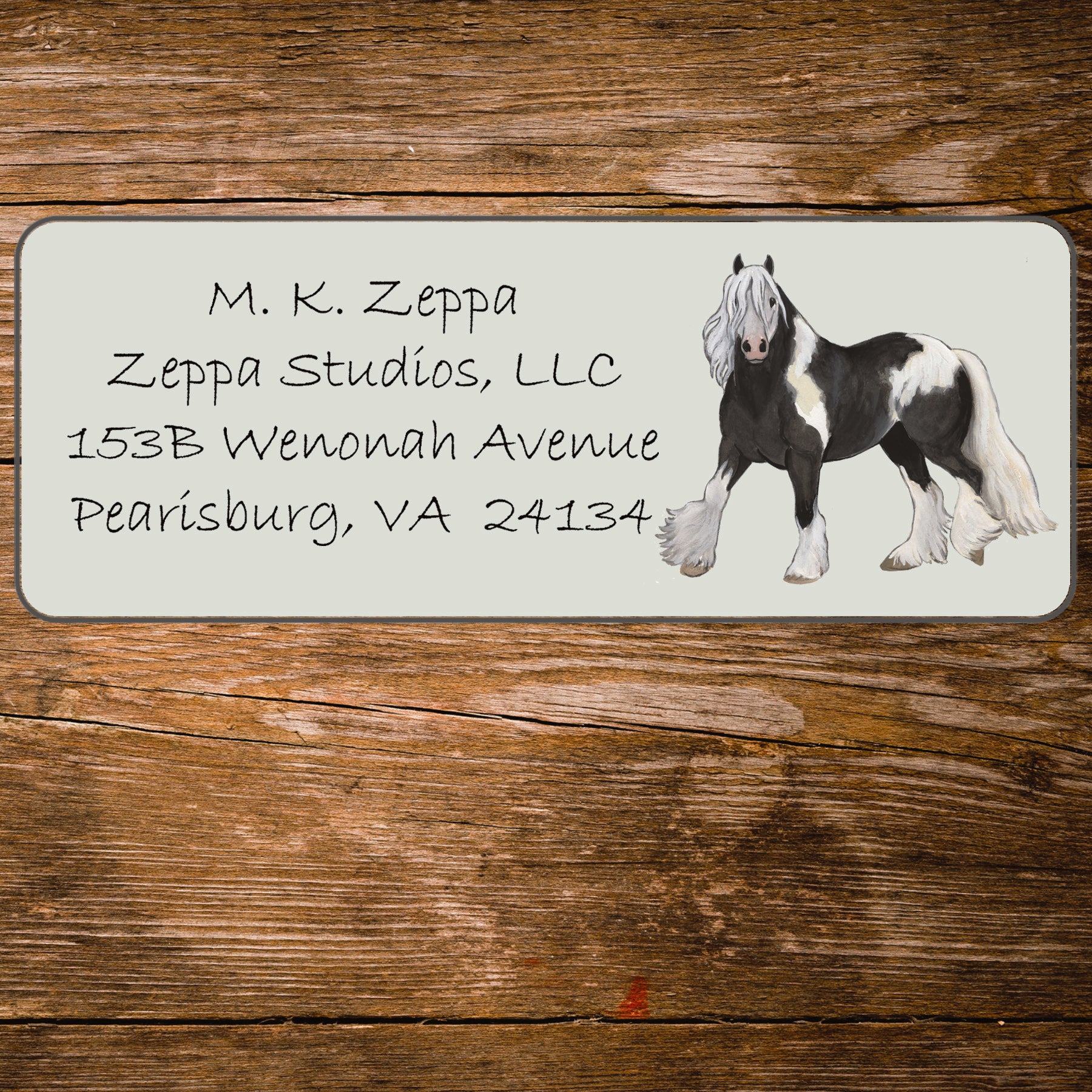 Return address label with an illustration of a Gypsy Vanner horse