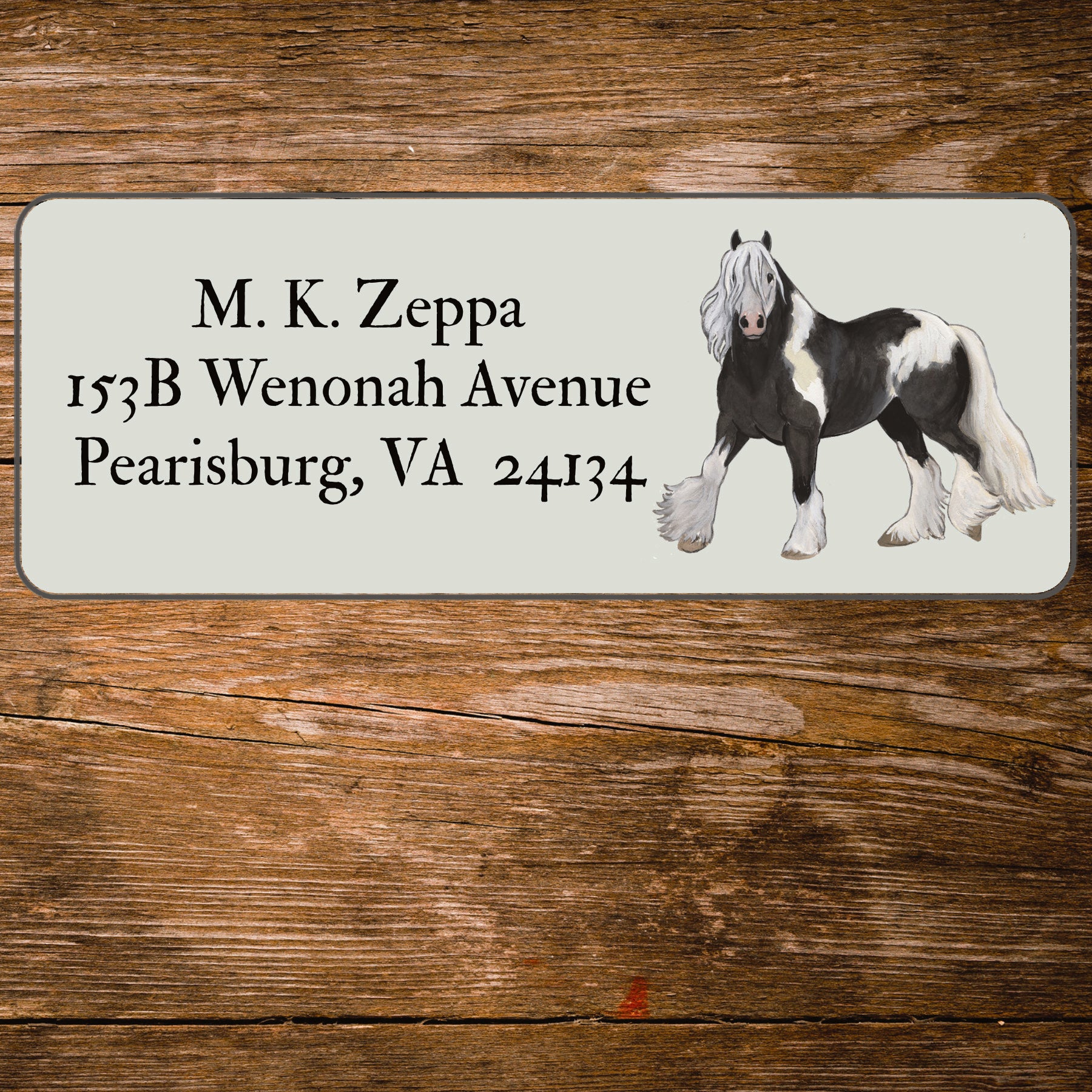 Return address label with an illustration of a Gypsy Vanner horse