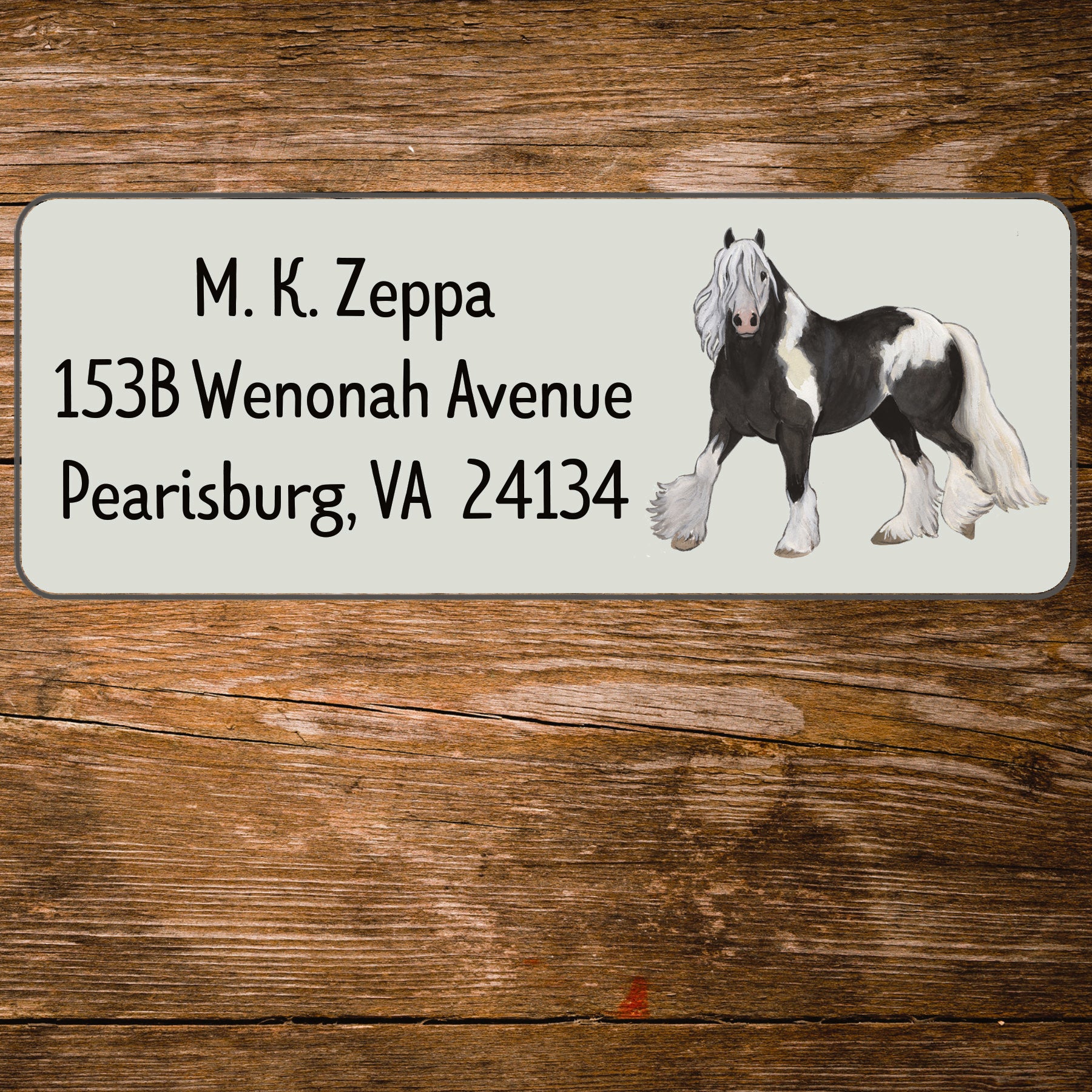 Return address label with an illustration of a Gypsy Vanner horse