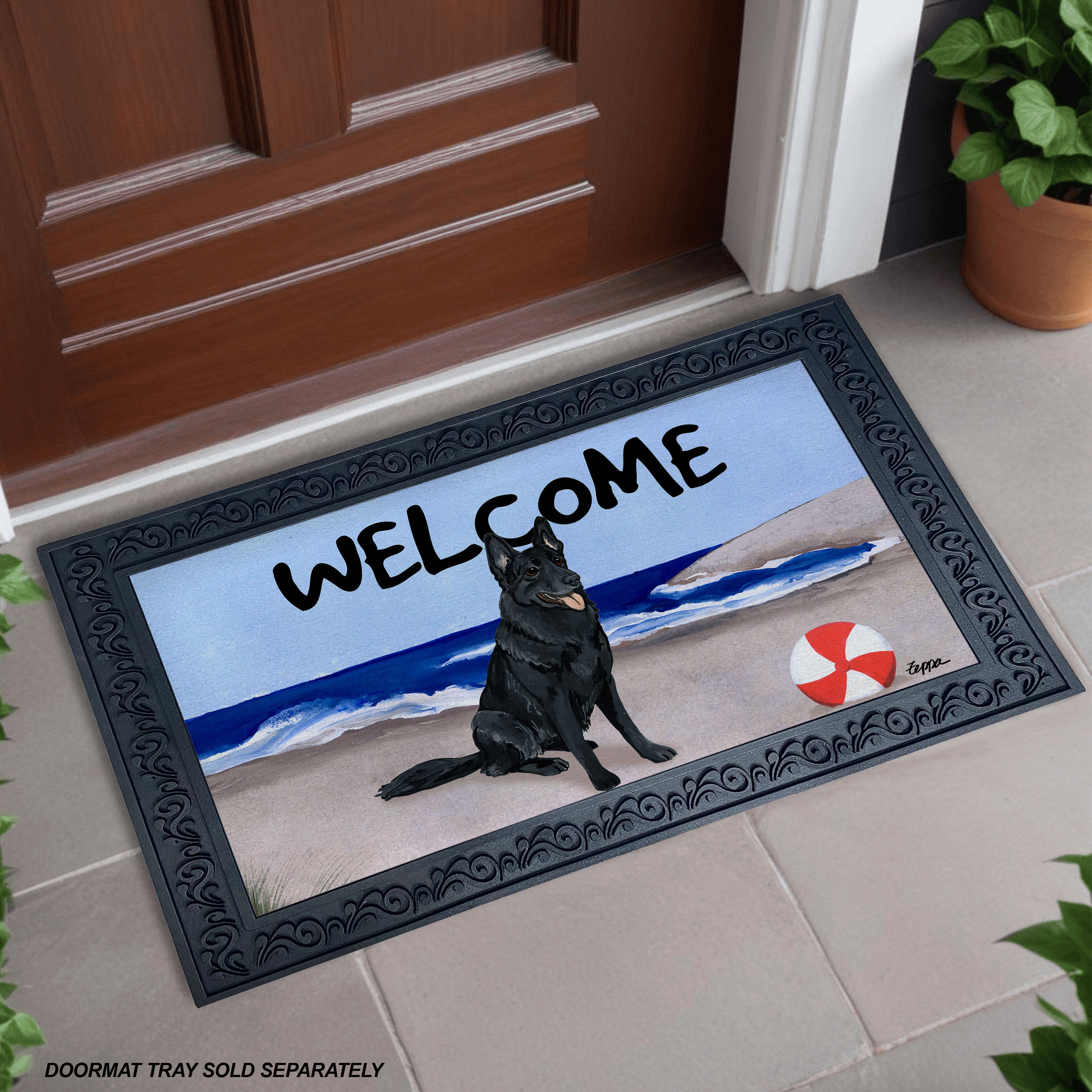 Black German Shepherd Beach Scene Welcome Mat