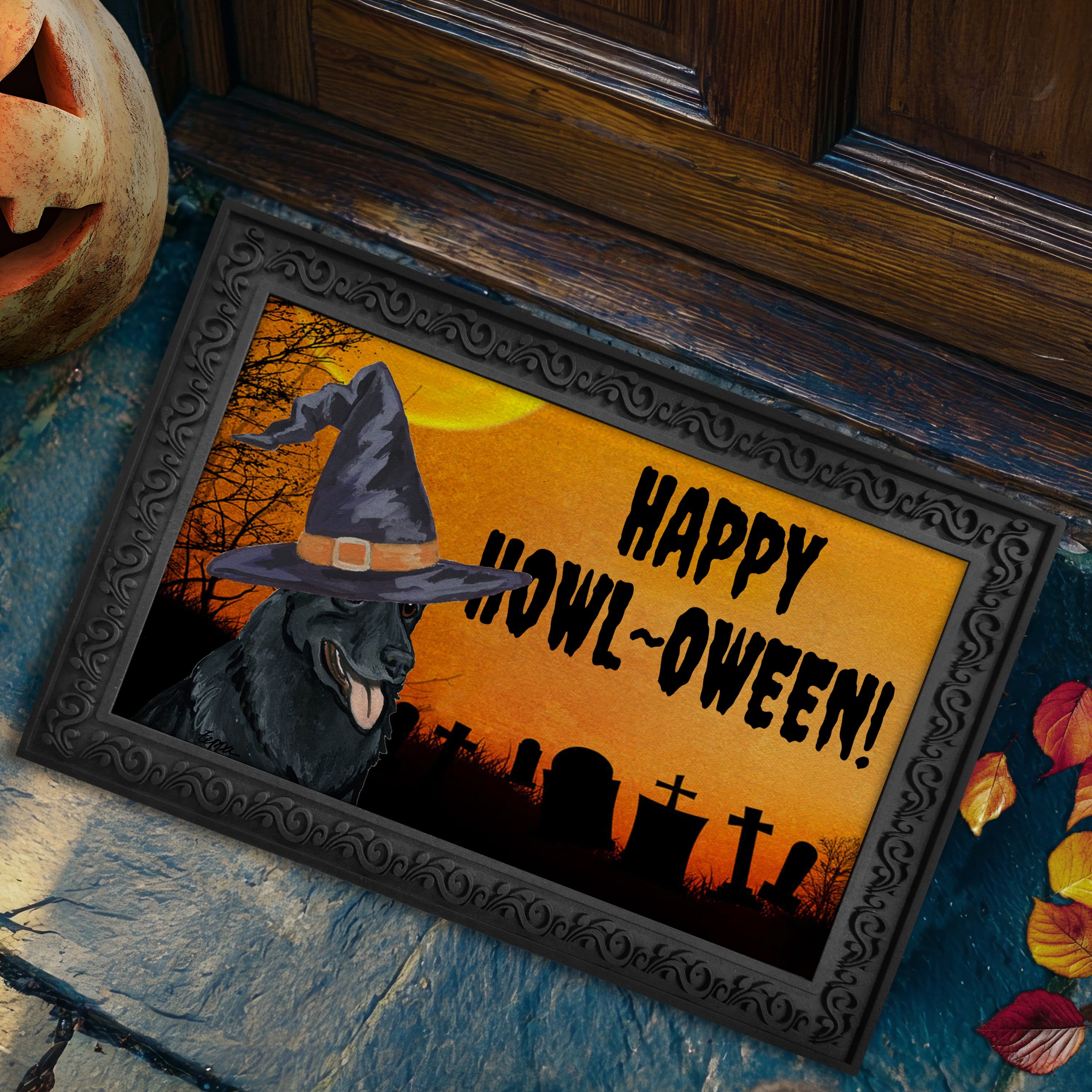 Halloween-themed doormat with a German Shepherd wearing a witch hat and 'Happy Howl-Oween!' text, placed on a stone surface.