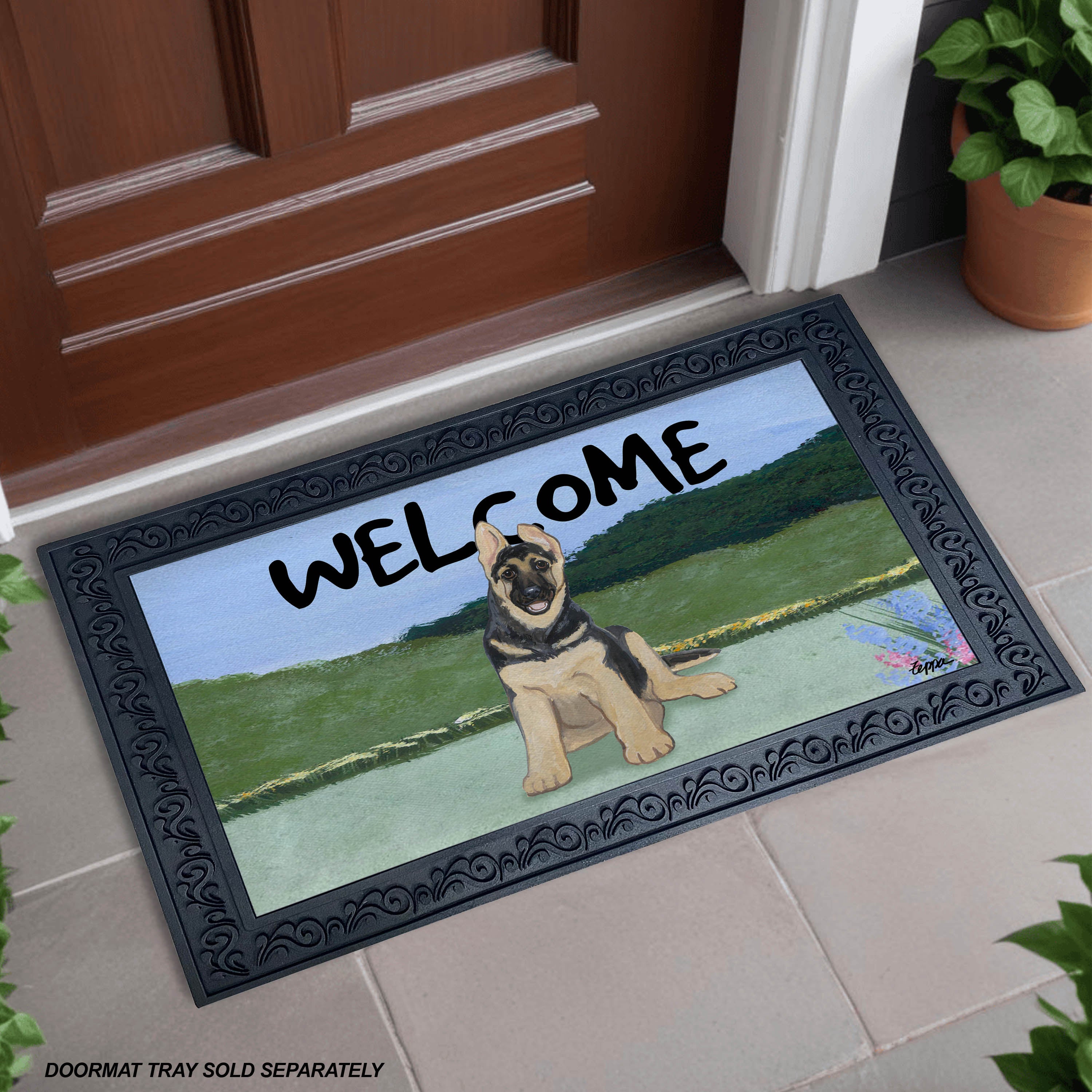 German Shepherd Puppy Yard Scene Welcome Mat