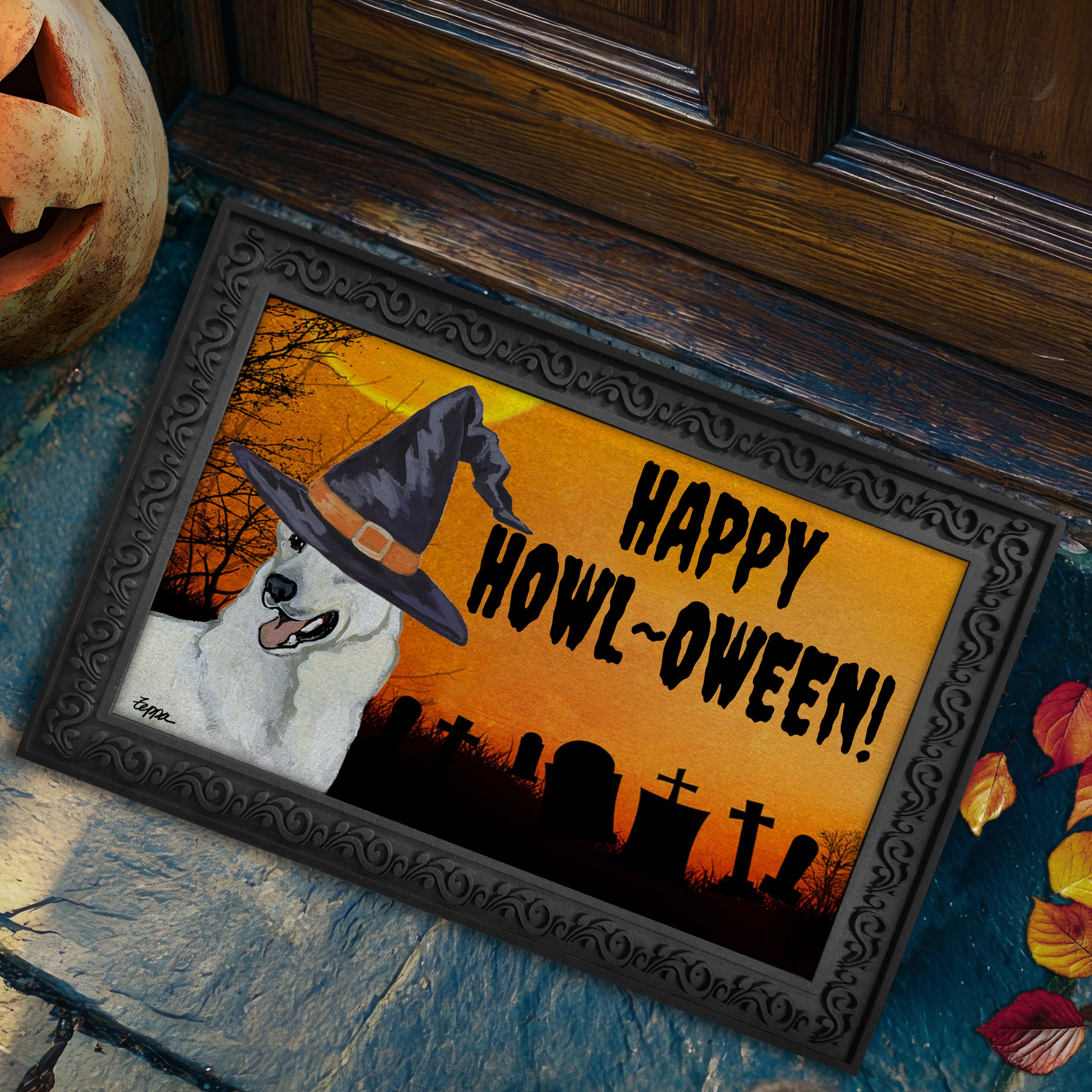 Halloween-themed doormat with a German Shepherd wearing a witch hat and 'Happy Howl-Oween!' text, placed on a stone surface.