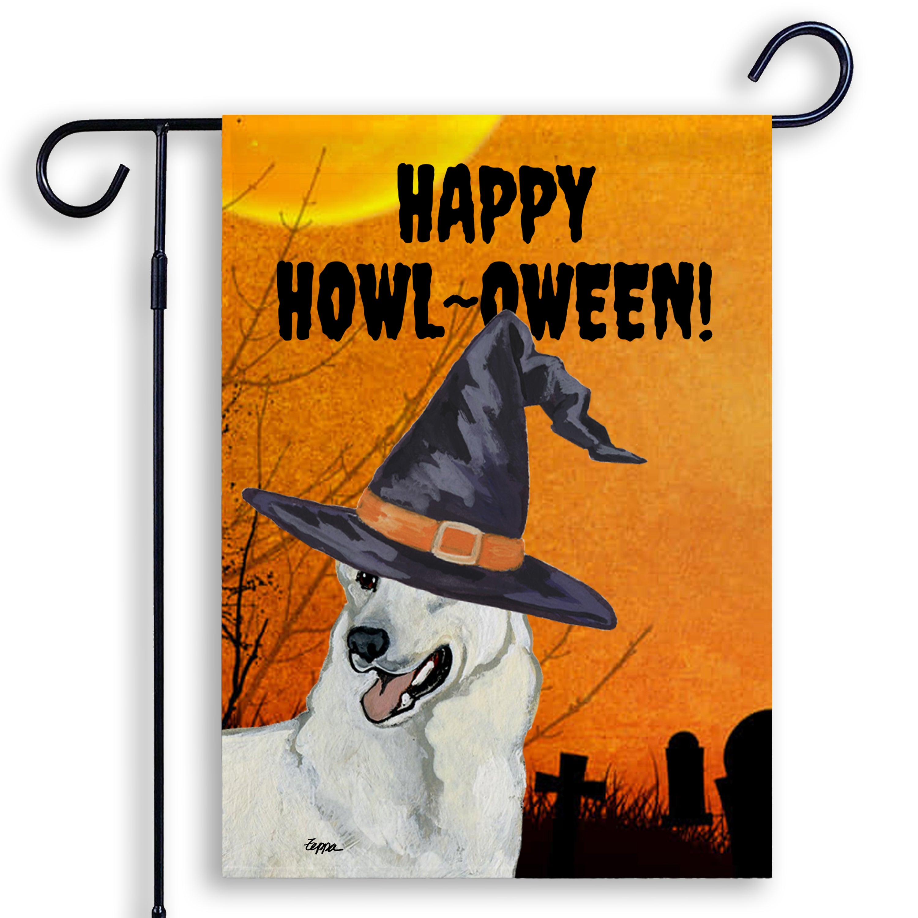 Halloween-themed garden flag with a German Shepherd wearing a witch hat and 'Happy Howl-Oween!' text on an orange background.