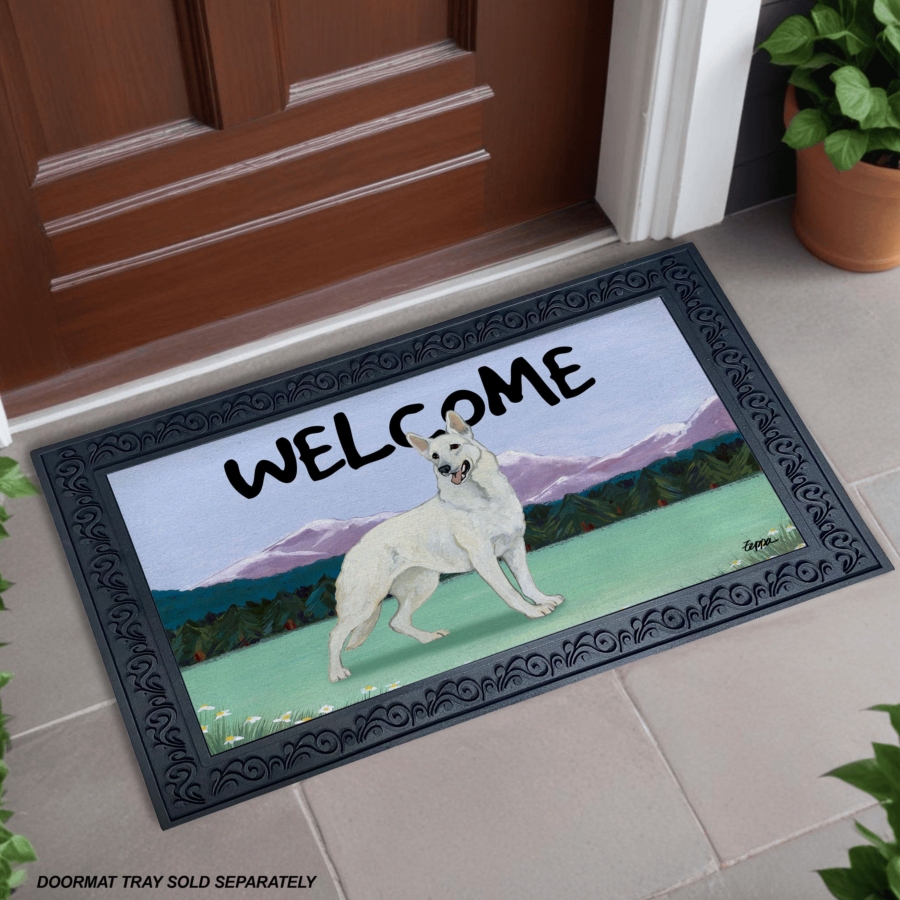 White German Shepherd Mountain Scene Welcome Mat