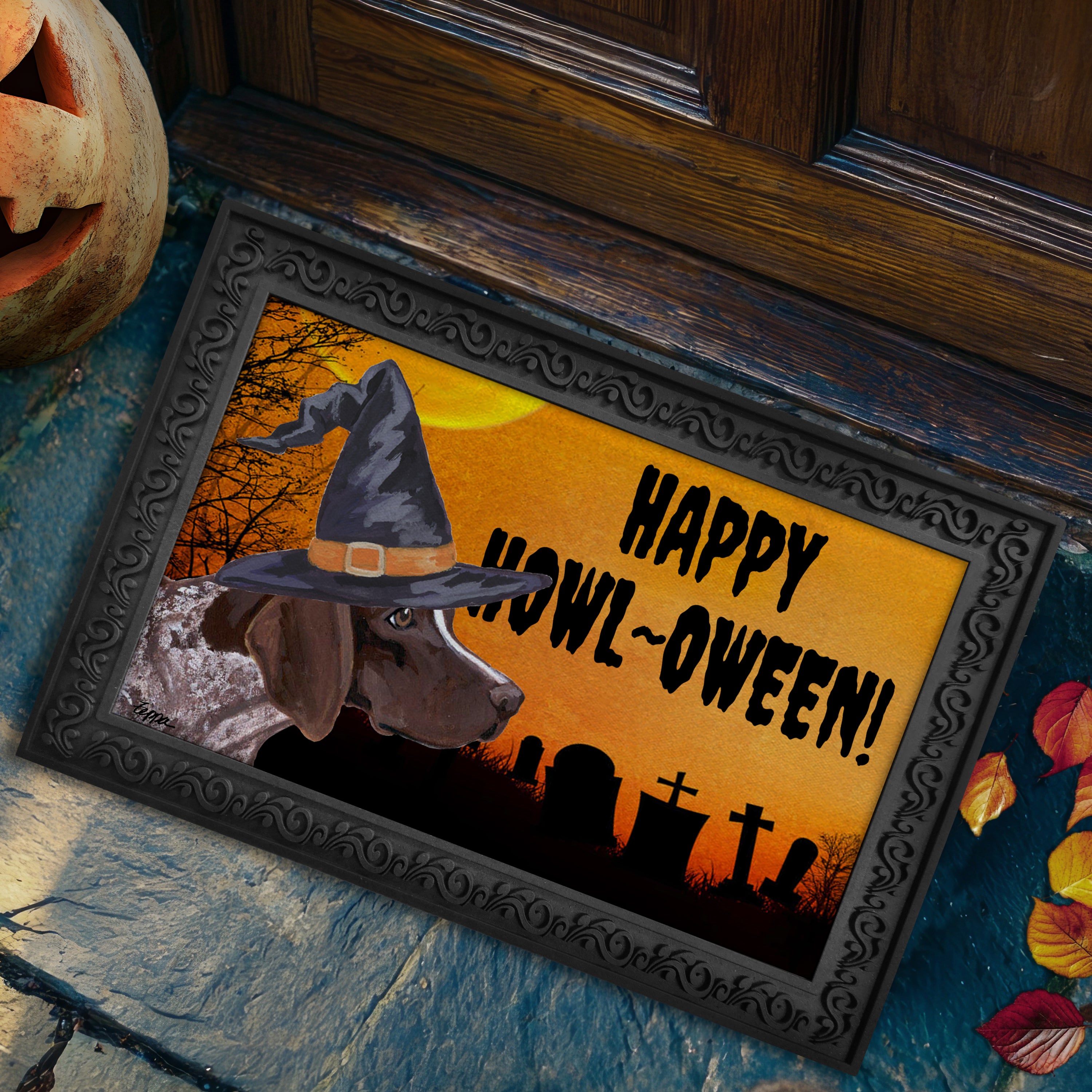 Halloween-themed doormat with a German Shorthair Pointer wearing a witch hat and 'Happy Howl-Oween!' text, placed on a stone surface.