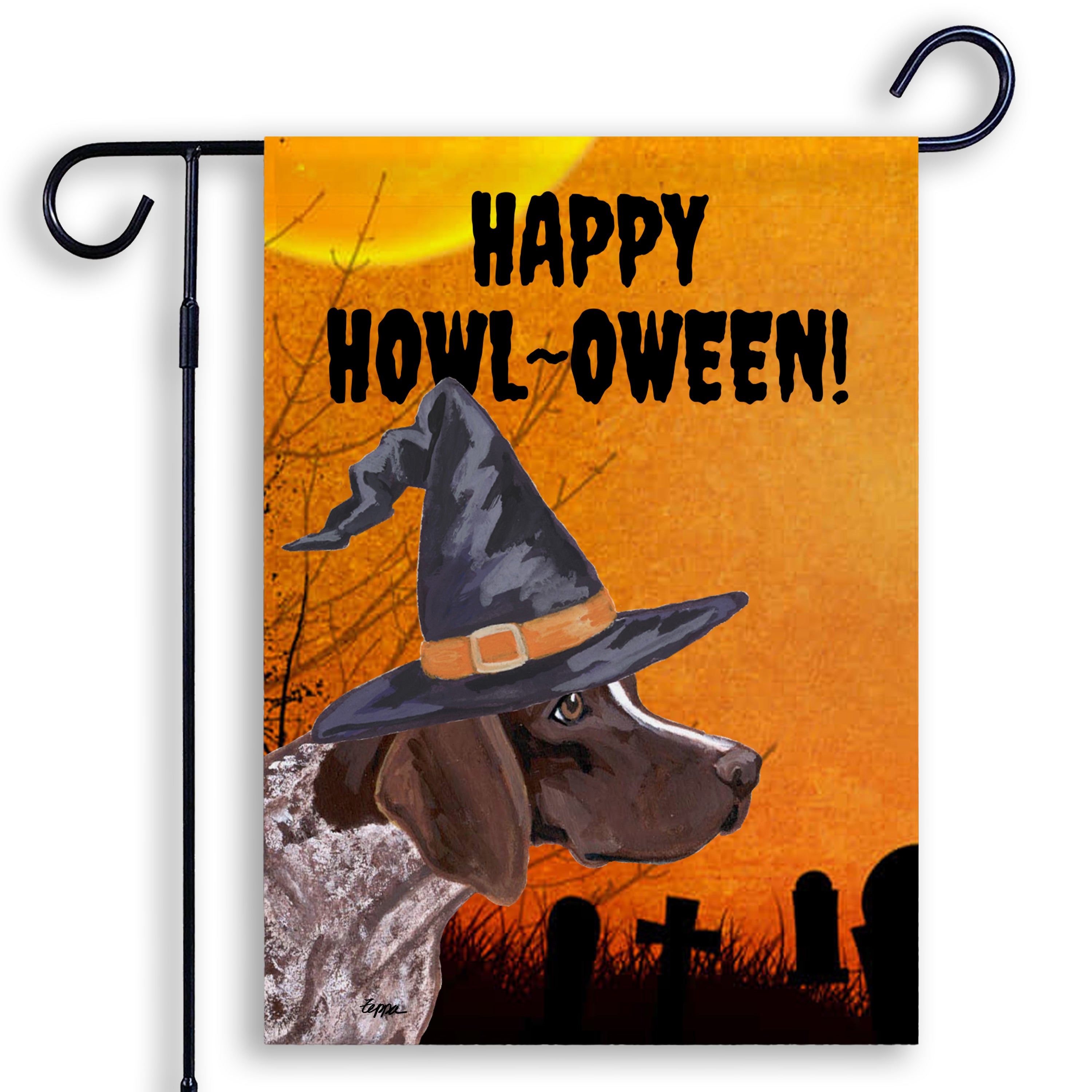 Halloween-themed garden flag with a German Shorthair Pointer wearing a witch hat and 'Happy Howl-Oween!' text on an orange background.