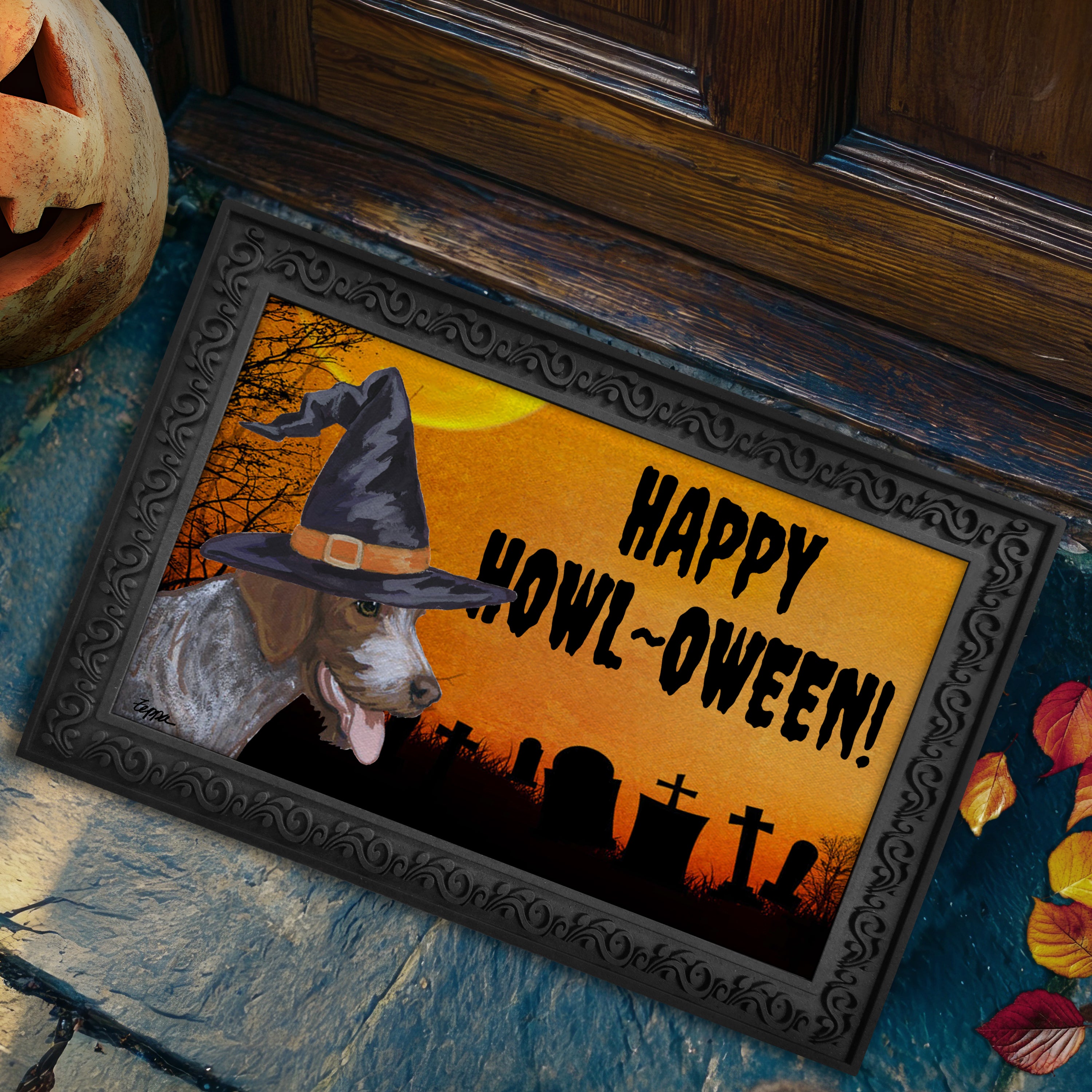 Halloween-themed doormat with a German Wirehaired Pointer wearing a witch hat and 'Happy Howl-Oween!' text, placed on a stone surface.