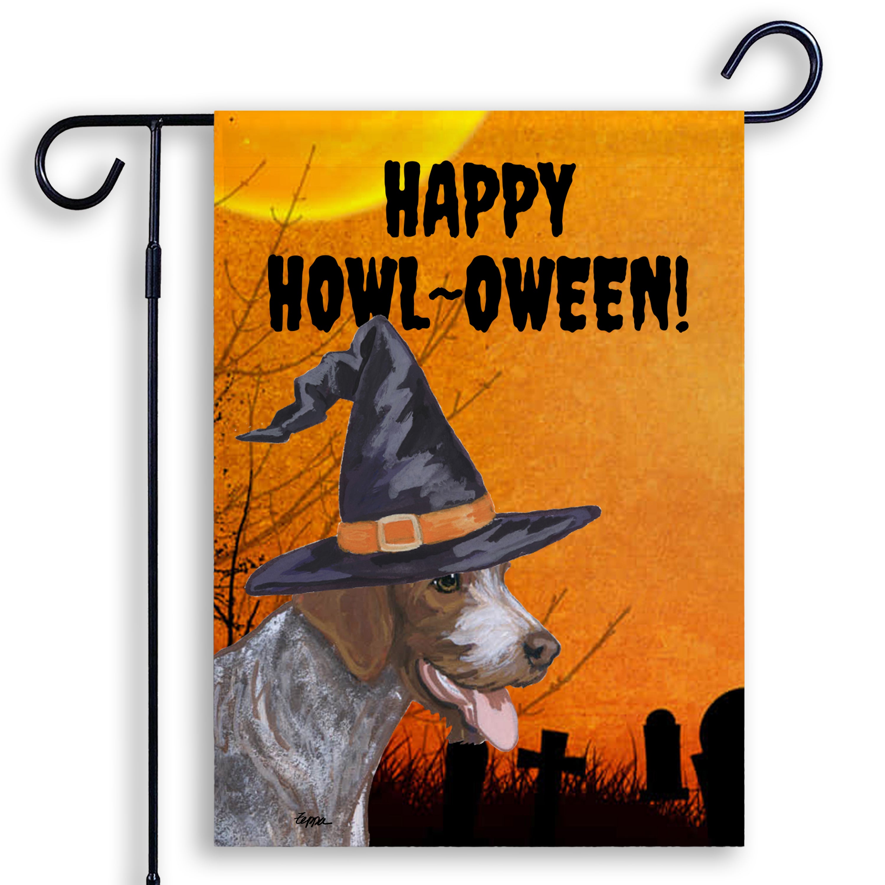 Halloween-themed garden flag with a German Wirehaired Pointer wearing a witch hat and 'Happy Howl-Oween!' text on an orange background.
