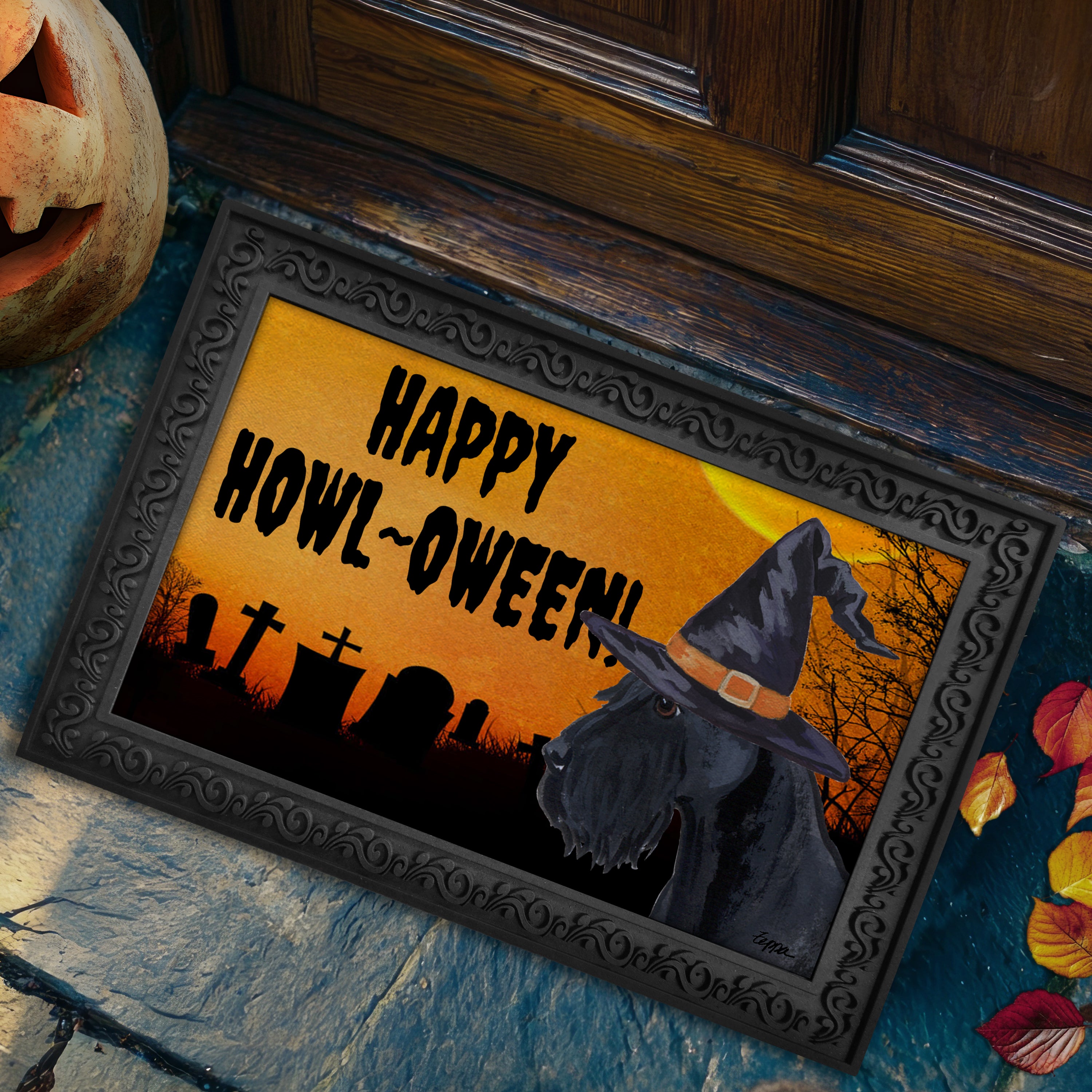 Halloween-themed doormat with a Giant Schnauzer wearing a witch hat and 'Happy Howl-Oween!' text, placed on a stone surface.