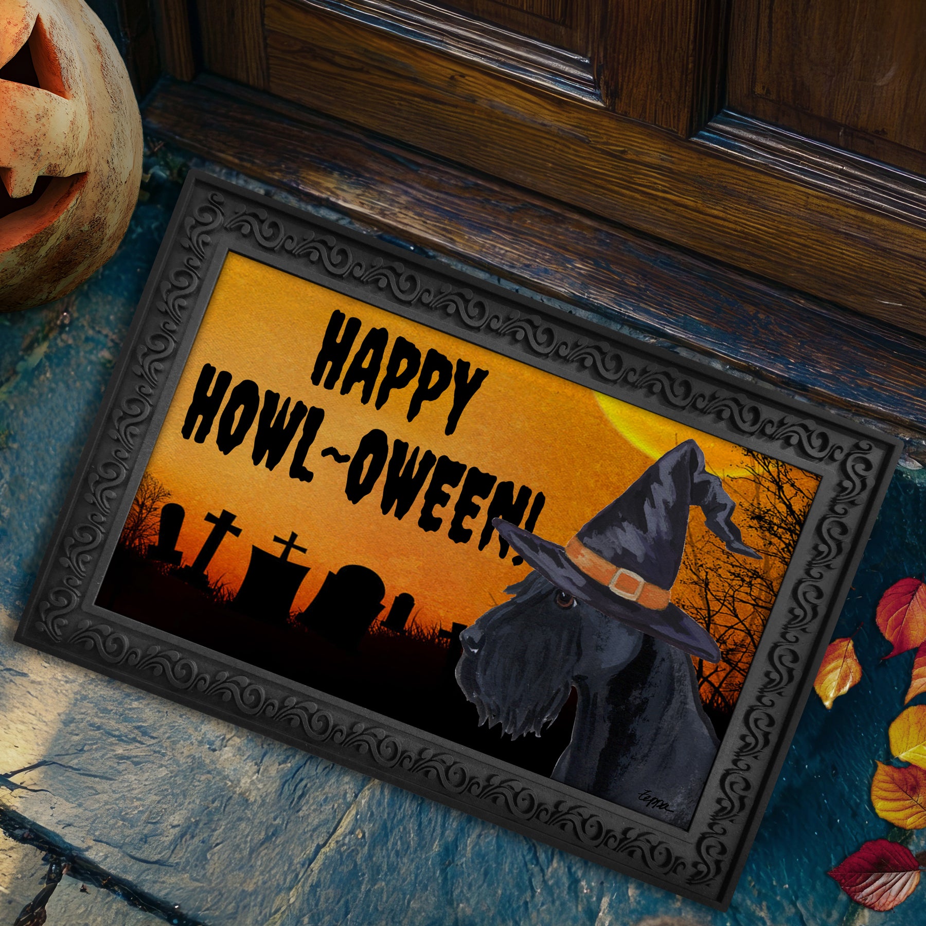 Halloween-themed doormat with a Giant Schnauzer wearing a witch hat and 'Happy Howl-Oween!' text, placed on a stone surface.