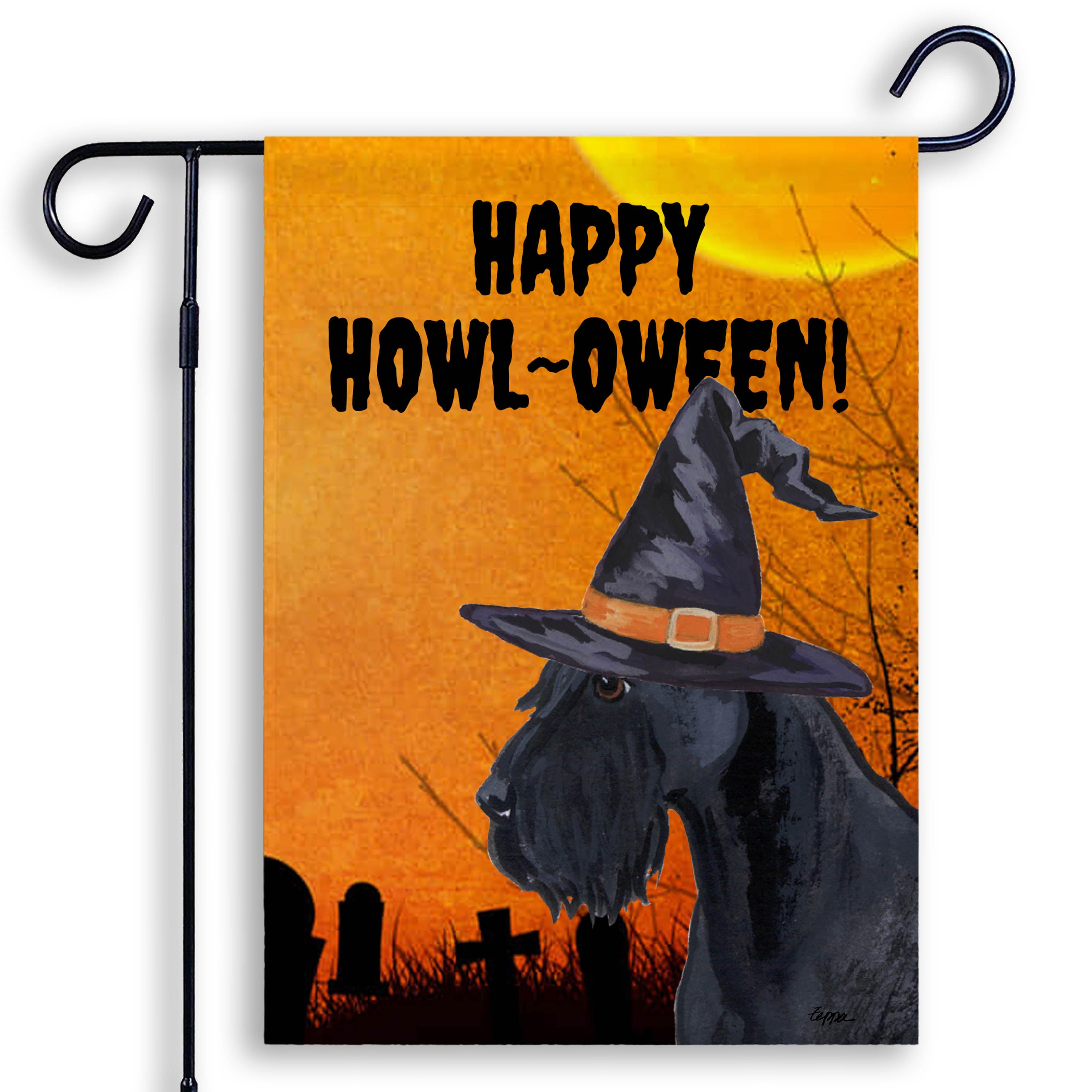 Halloween-themed garden flag with a Giant Schnauzer wearing a witch hat and 'Happy Howl-Oween!' text on an orange background.