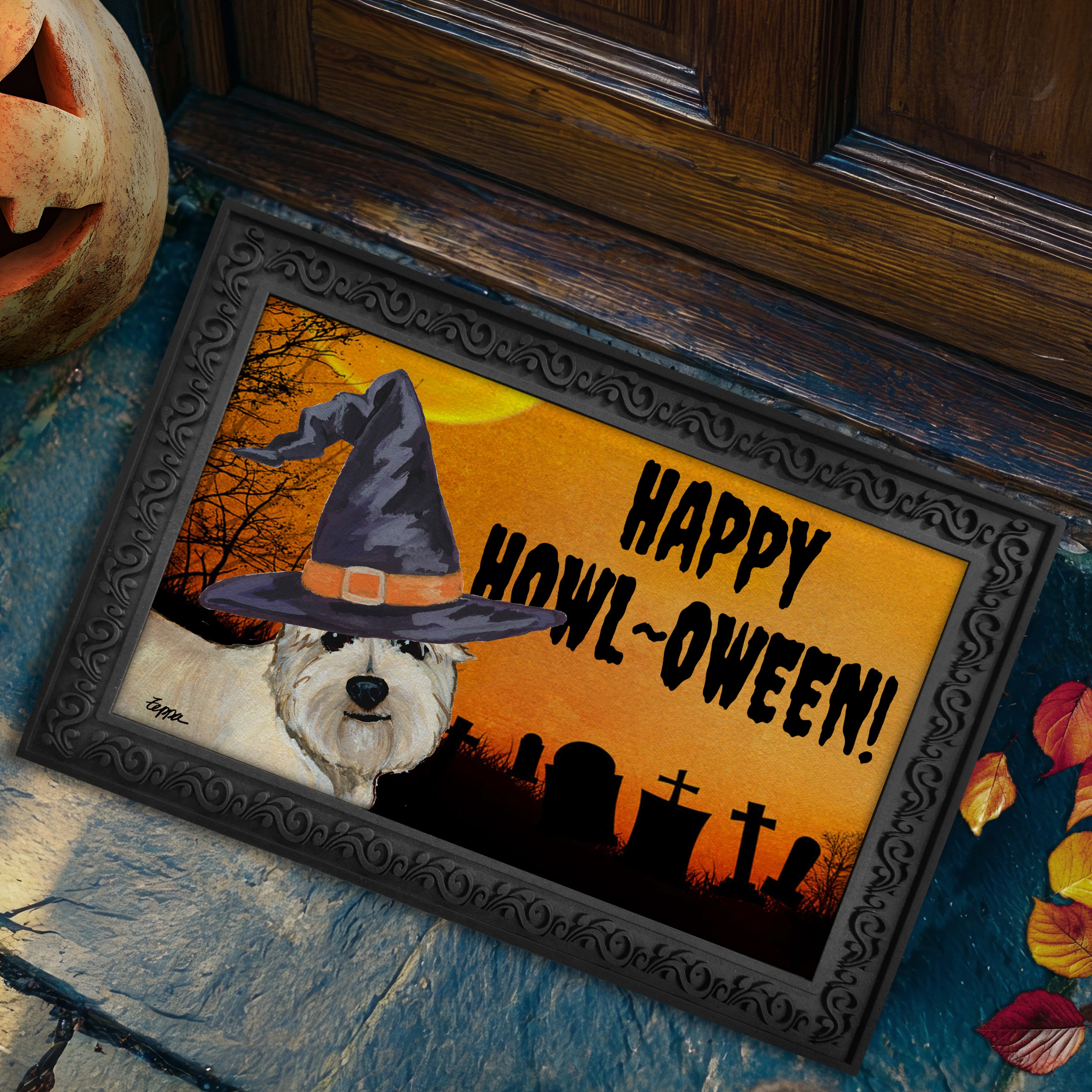 Halloween-themed doormat with a Glen of Imaal Terrier wearing a witch hat and 'Happy Howl-Oween!' text, placed on a stone surface.