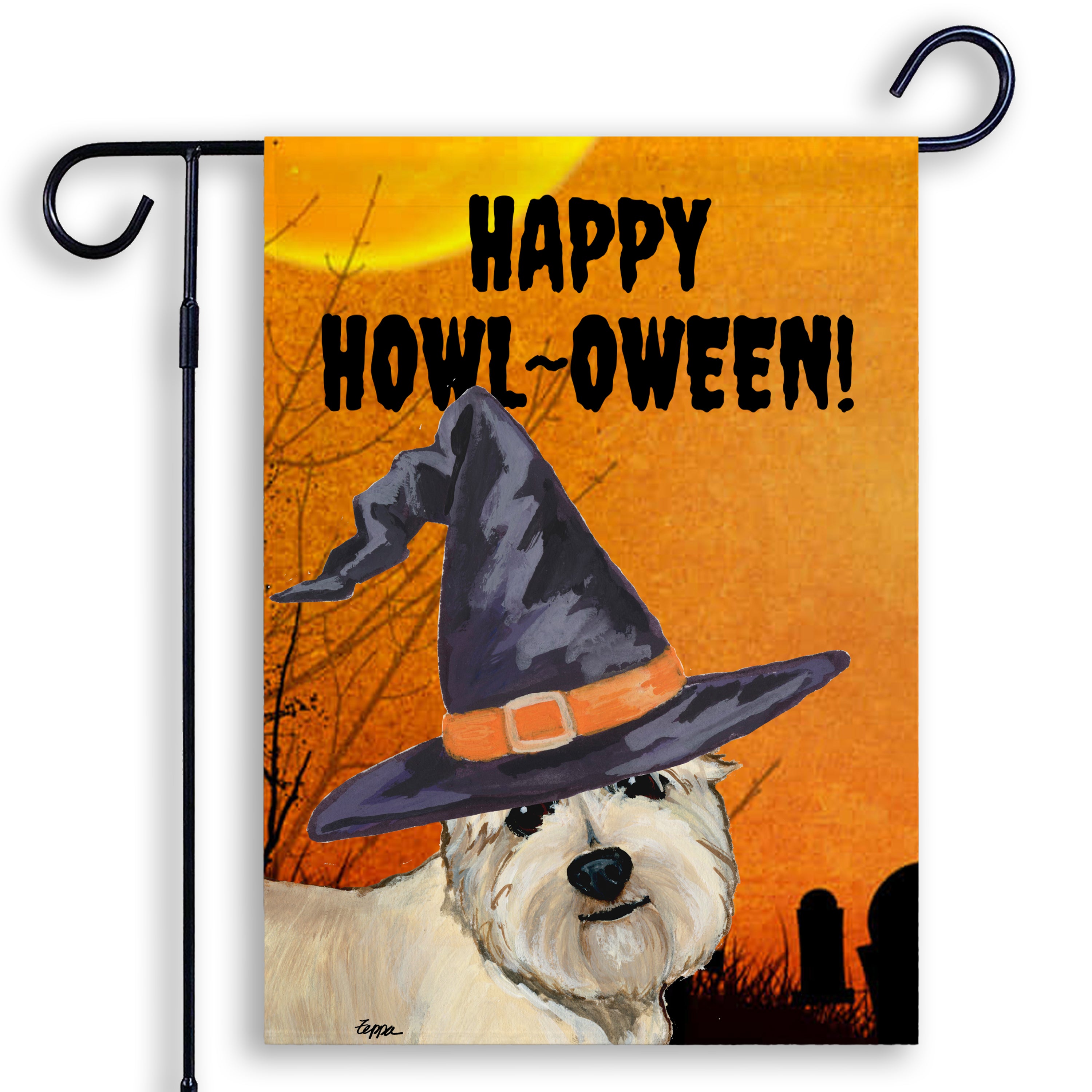 Halloween-themed garden flag with a Glen of Imaal Terrier wearing a witch hat and 'Happy Howl-Oween!' text on an orange background