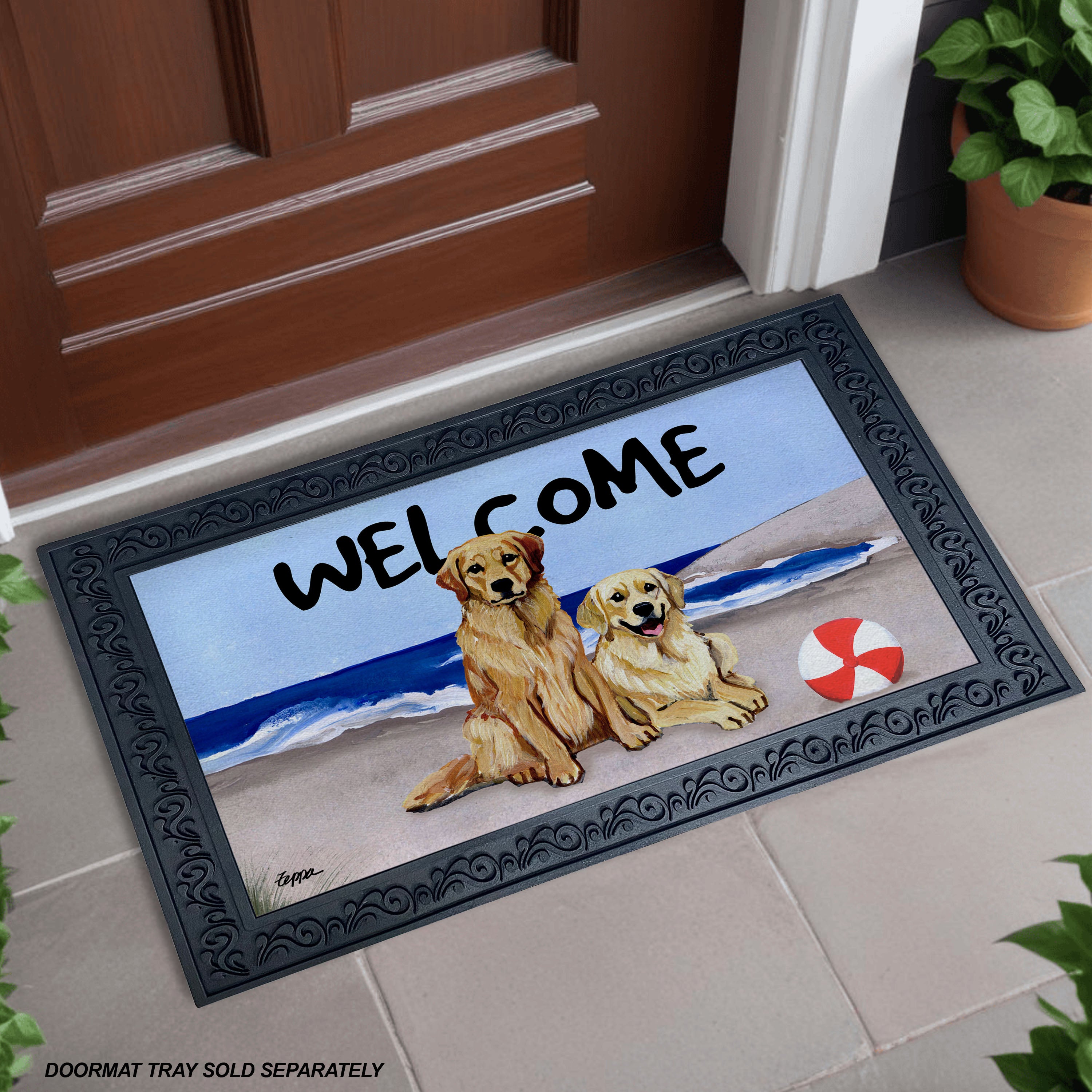 Golden Pair Beach Scene Welcome Mat