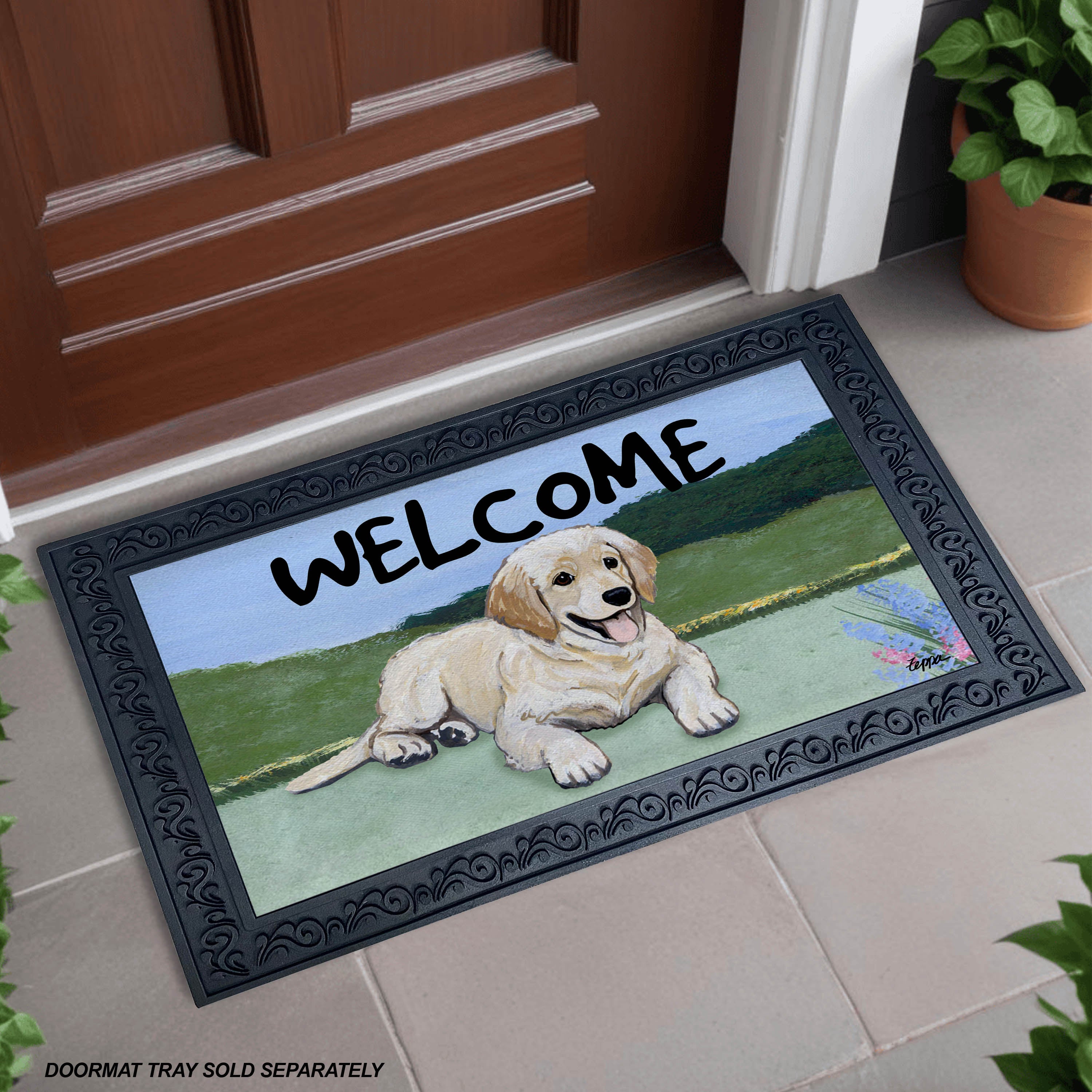 Golden Puppy Yard Scene Welcome Mat