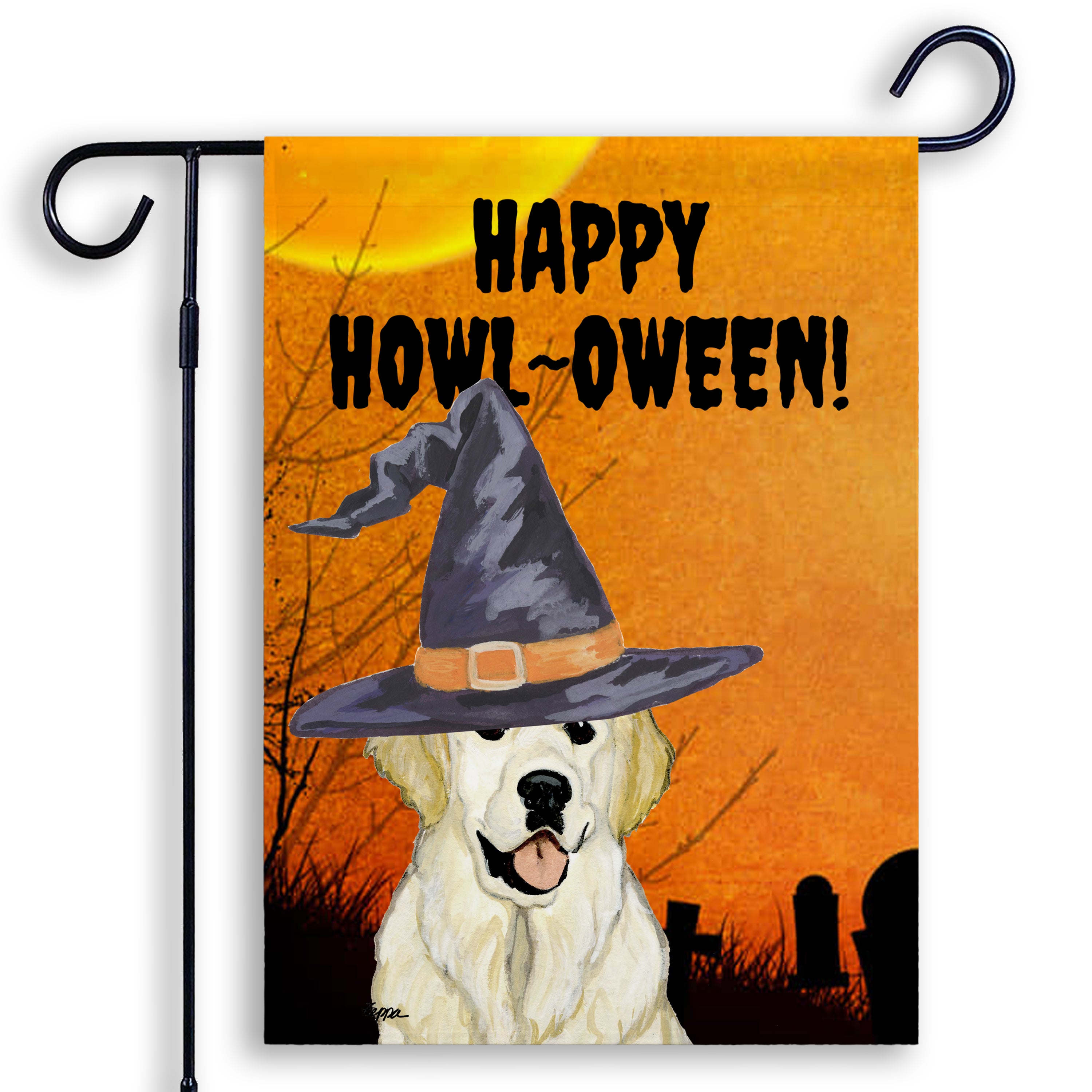 Halloween-themed garden flag with a Golden Retriever wearing a witch hat and 'Happy Howl-Oween!' text on an orange background.