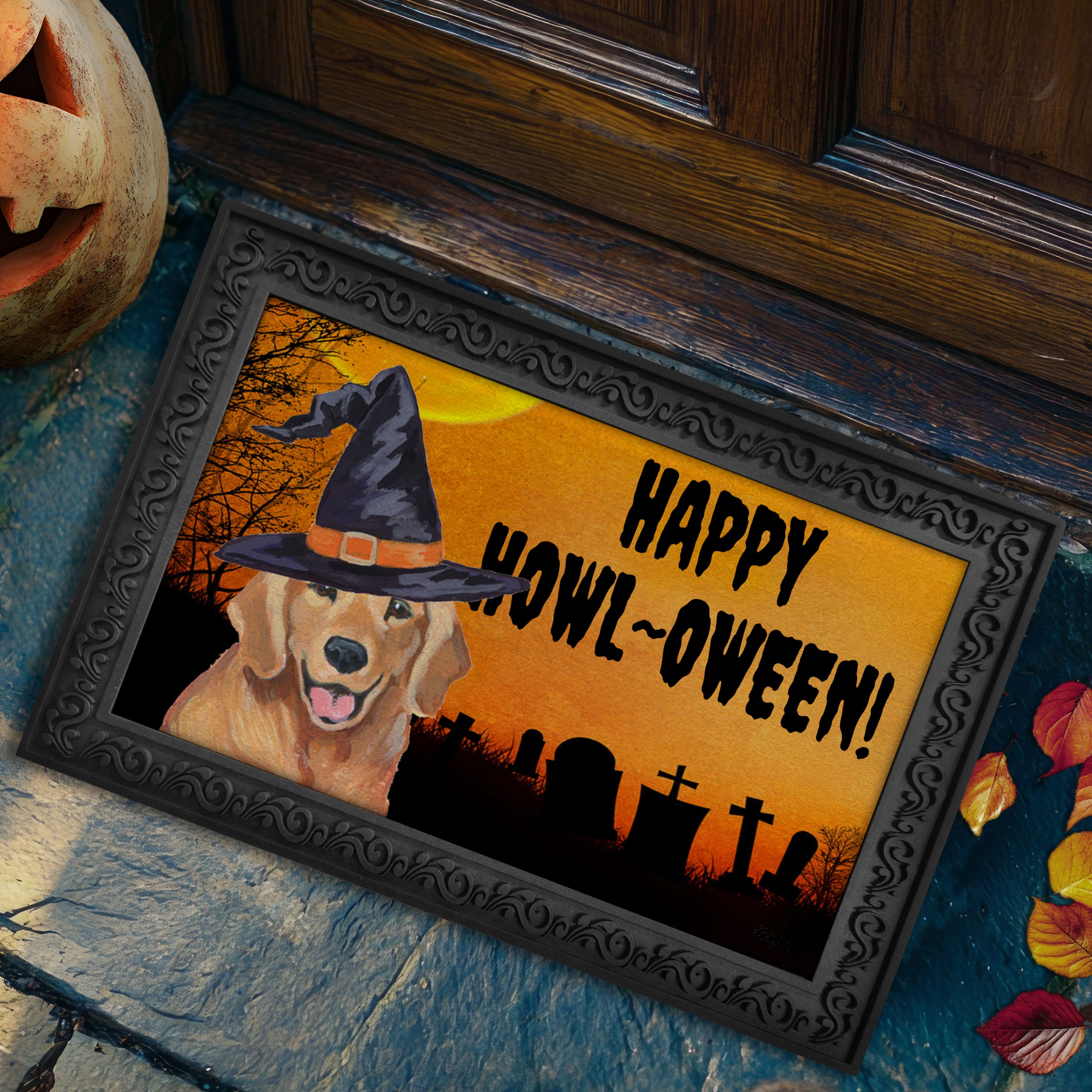 Halloween-themed doormat with a Golden Retriever wearing a witch hat and 'Happy Howl-Oween!' text, placed on a stone surface.