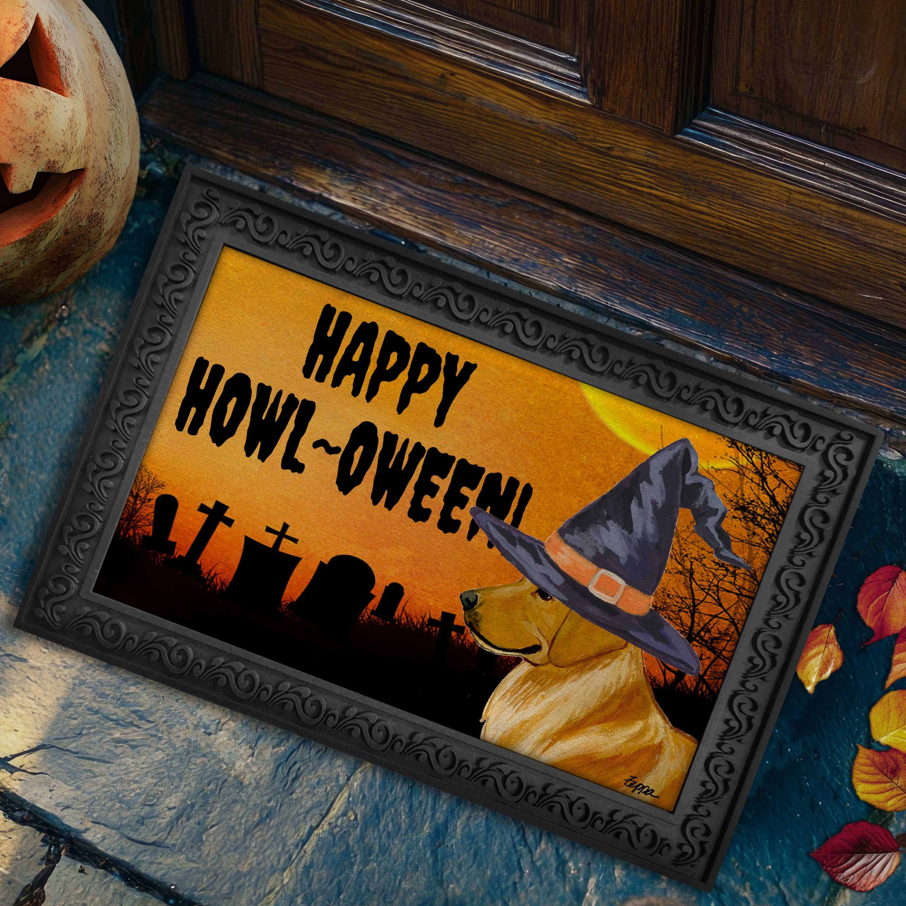 Halloween-themed doormat with a Golden Retriever wearing a witch hat and 'Happy Howl-Oween!' text, placed on a stone surface.