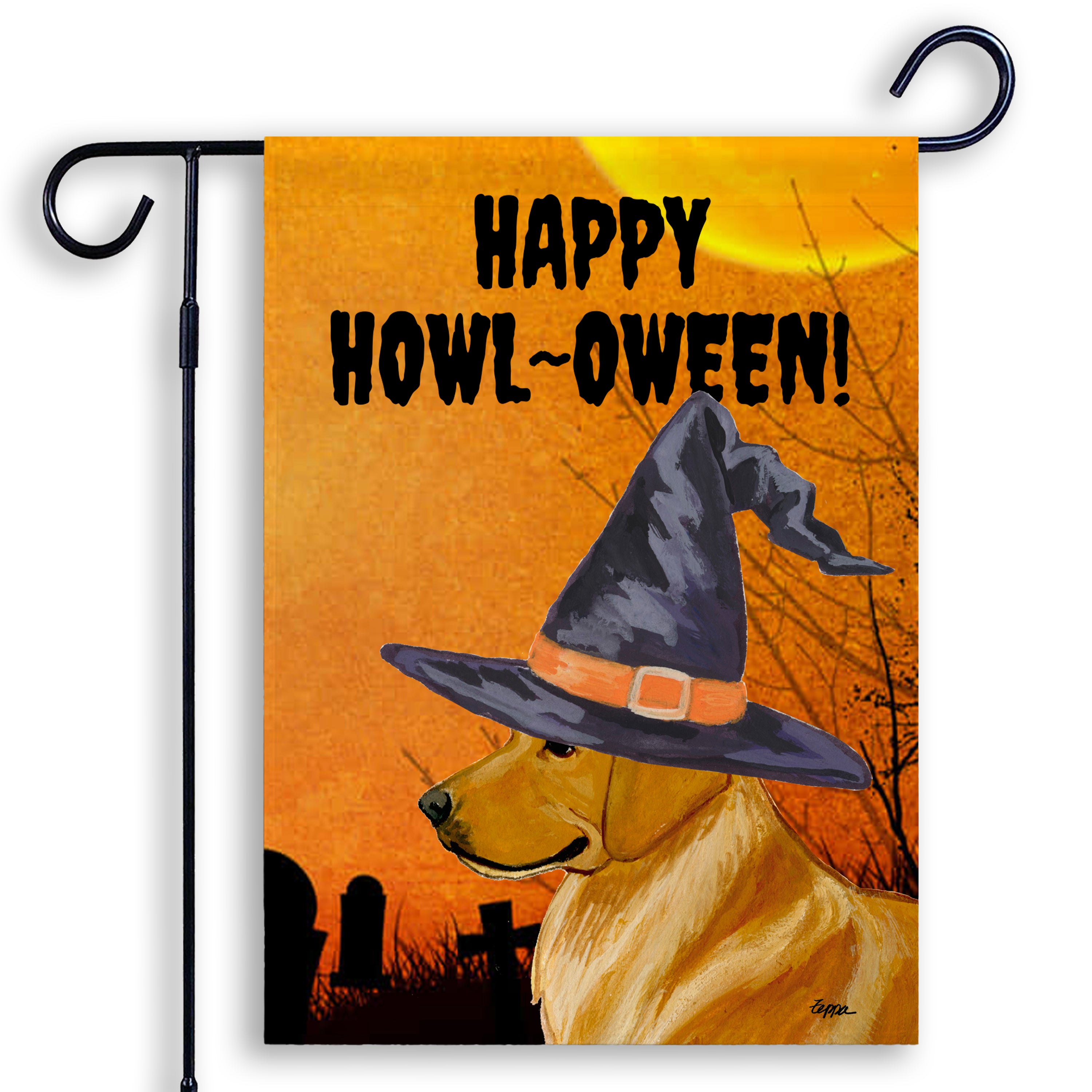 Halloween-themed garden flag with a Golden Retriever wearing a witch hat and 'Happy Howl-Oween!' text on an orange background.