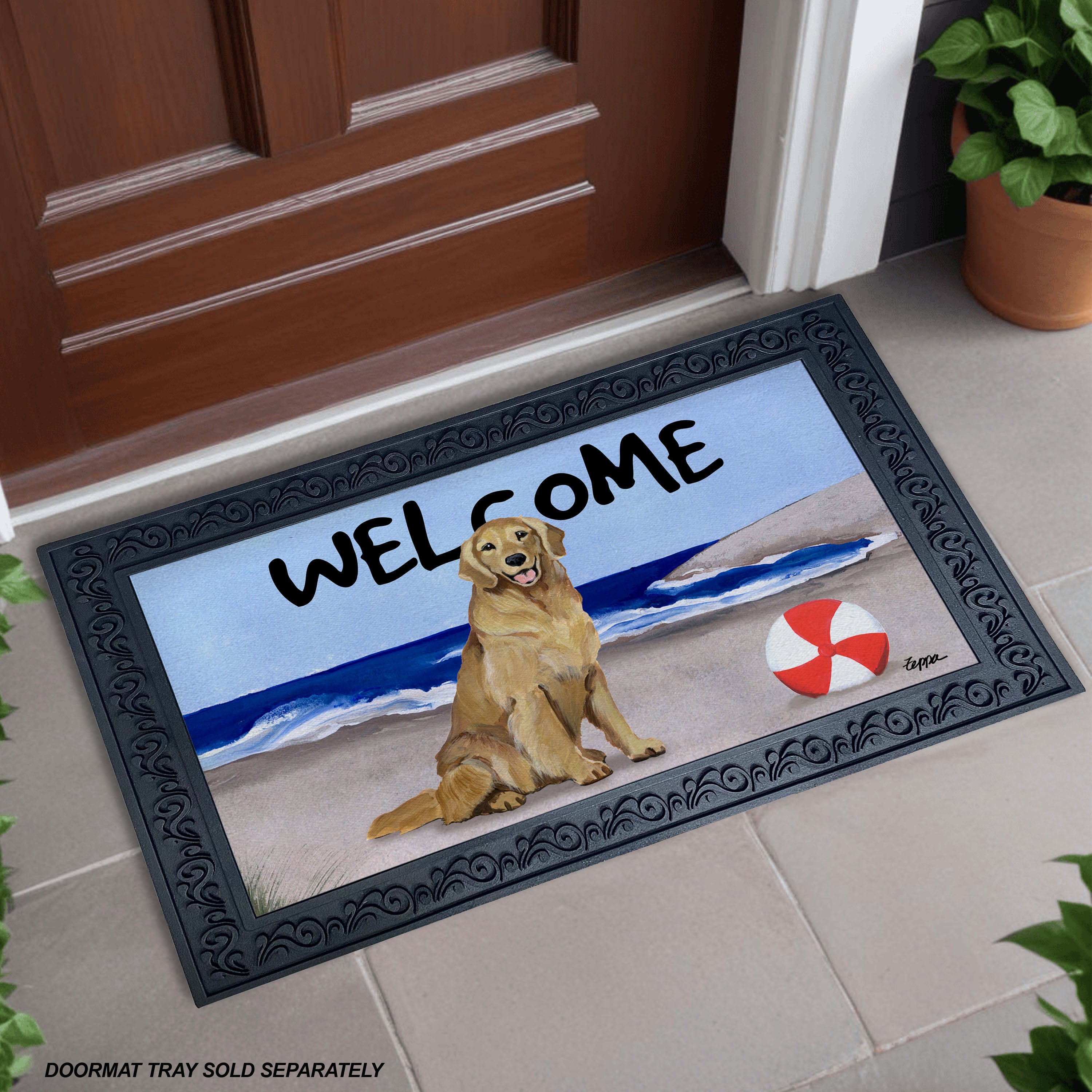 Golden Smiling Beach Scene Welcome Mat