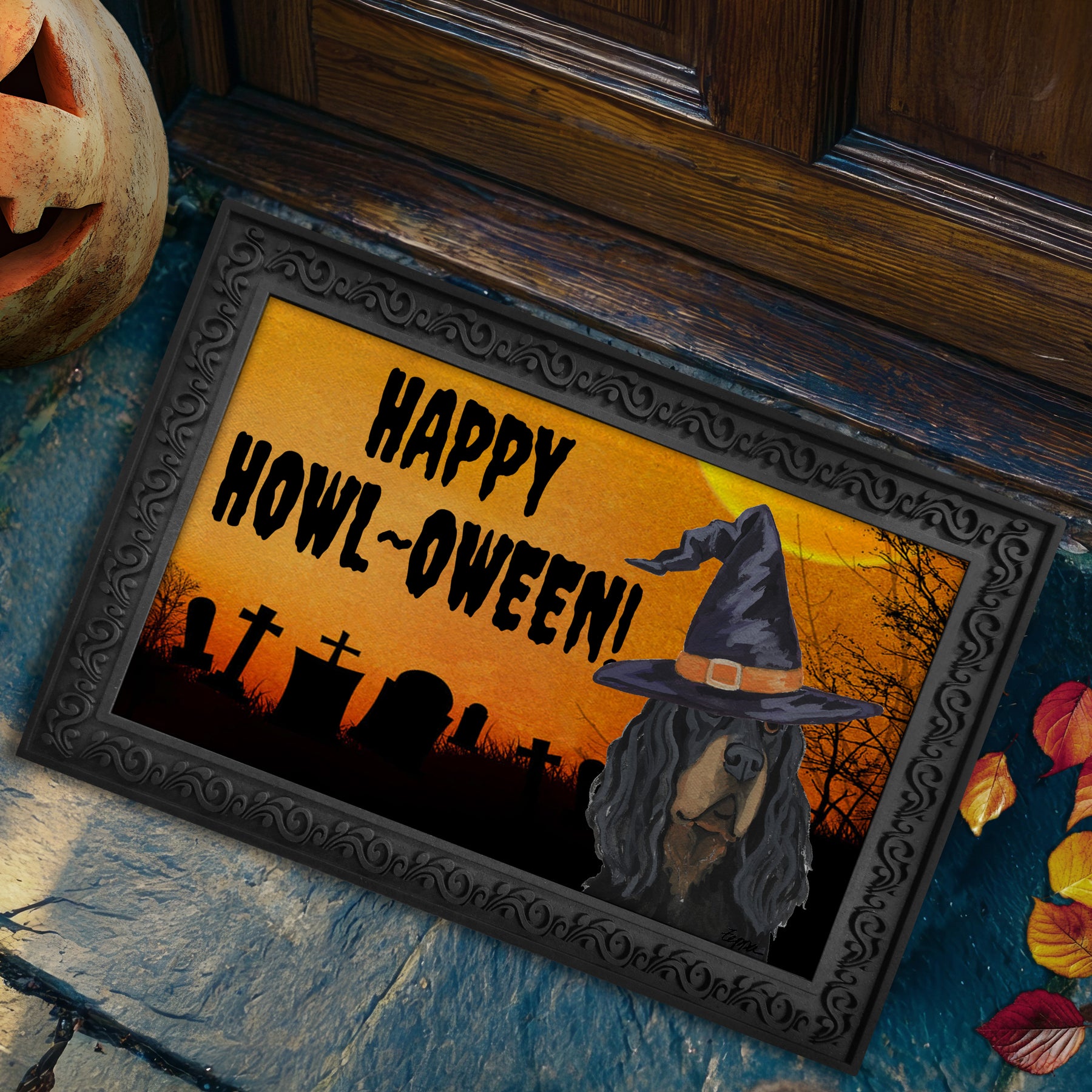 Halloween-themed doormat with a Gordon Setter wearing a witch hat and 'Happy Howl-Oween!' text, placed on a stone surface.