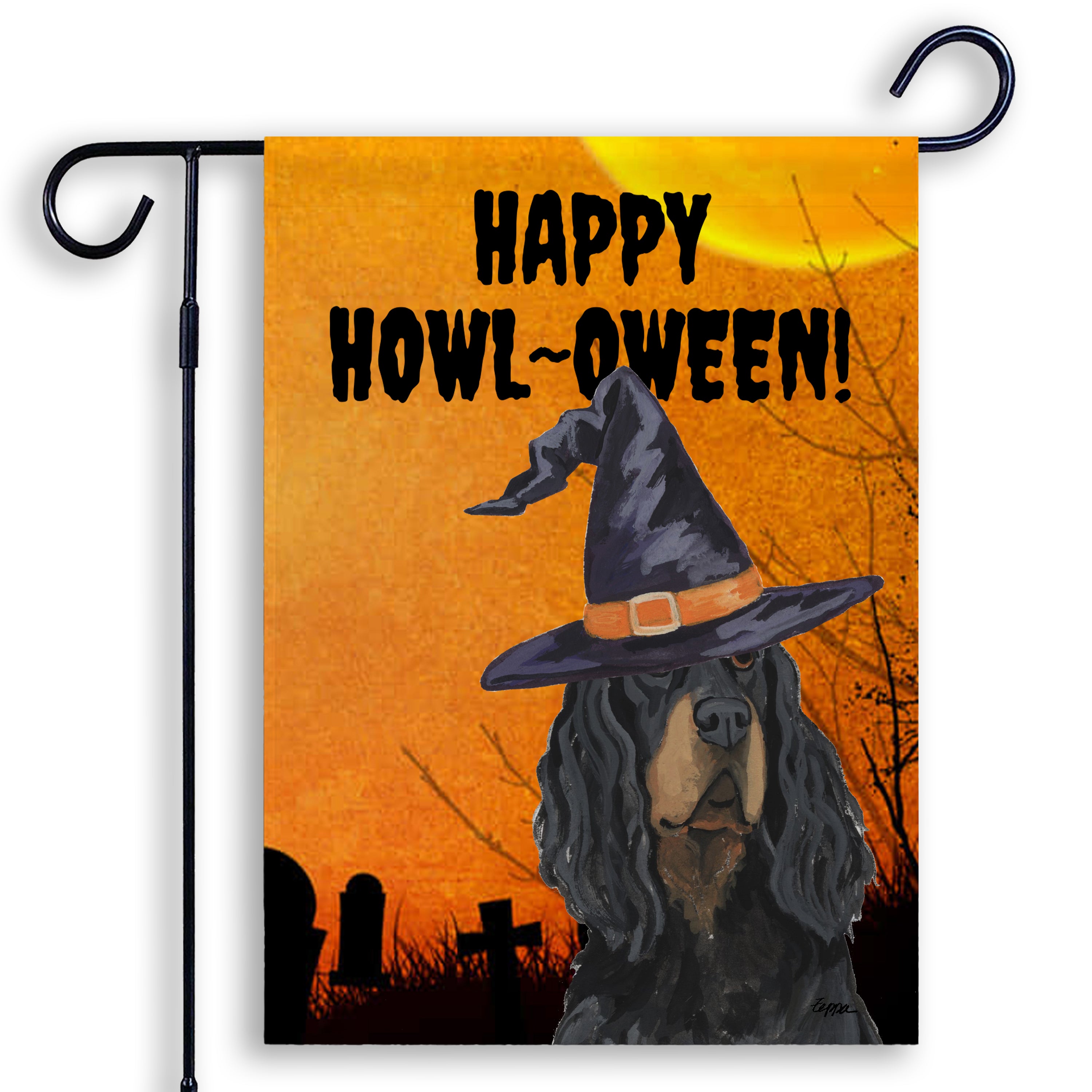Halloween-themed garden flag with a Gordon Setter wearing a witch hat and 'Happy Howl-Oween!' text on an orange background.