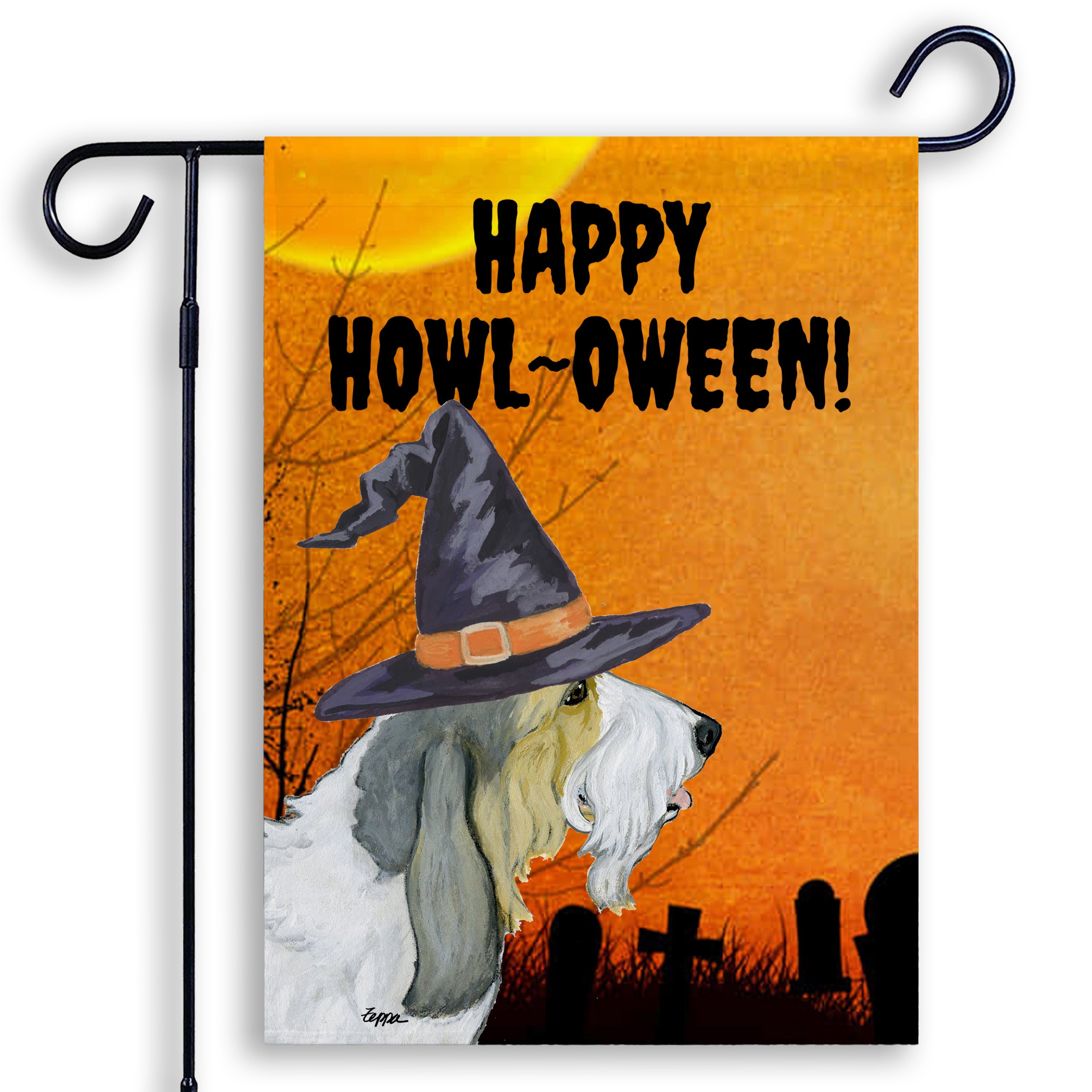 Halloween-themed garden flag with a Grand Basset Griffon Vendeen wearing a witch hat and 'Happy Howl-Oween!' text on an orange background.