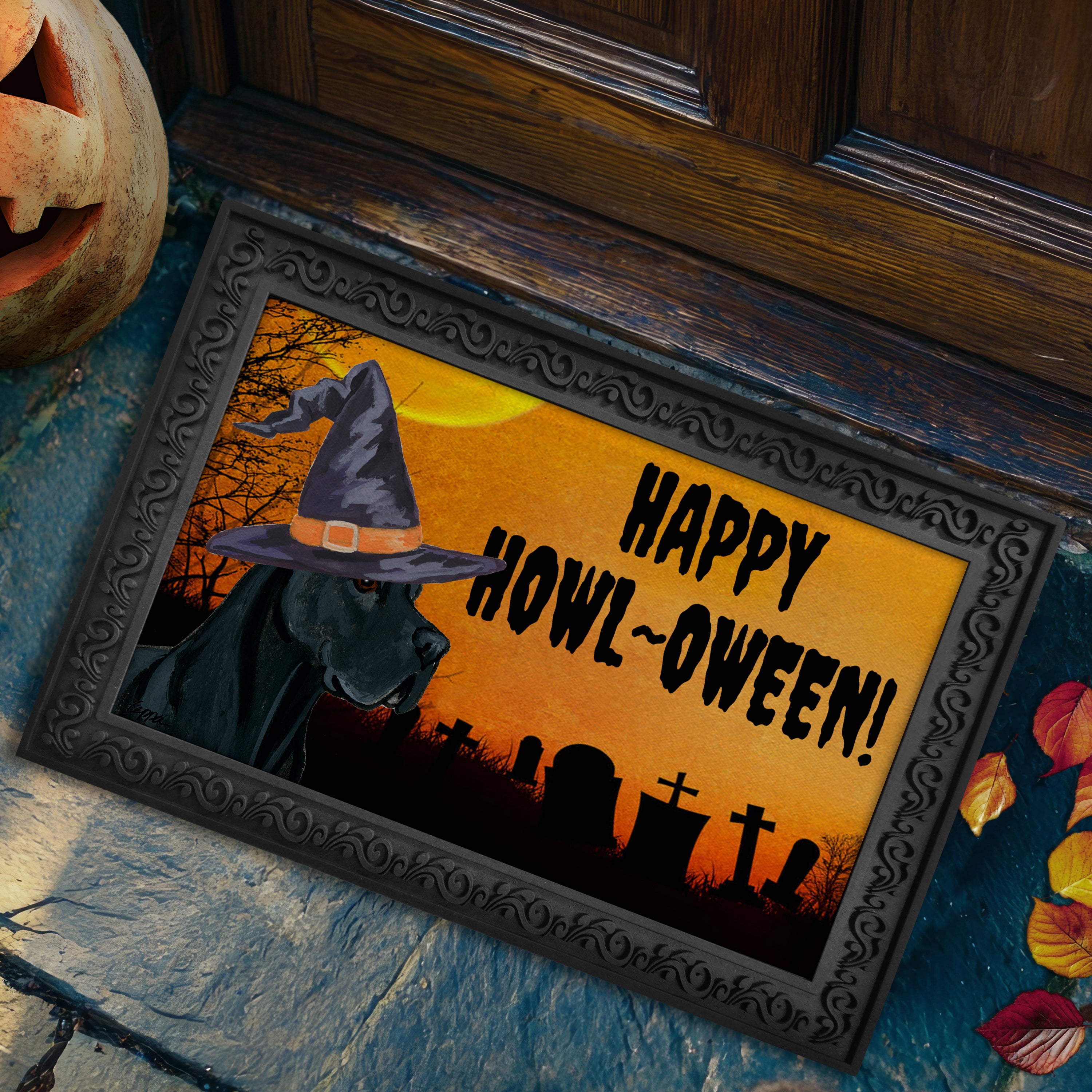 Halloween-themed doormat with a Great Dane wearing a witch hat and 'Happy Howl-Oween!' text, placed on a stone surface.