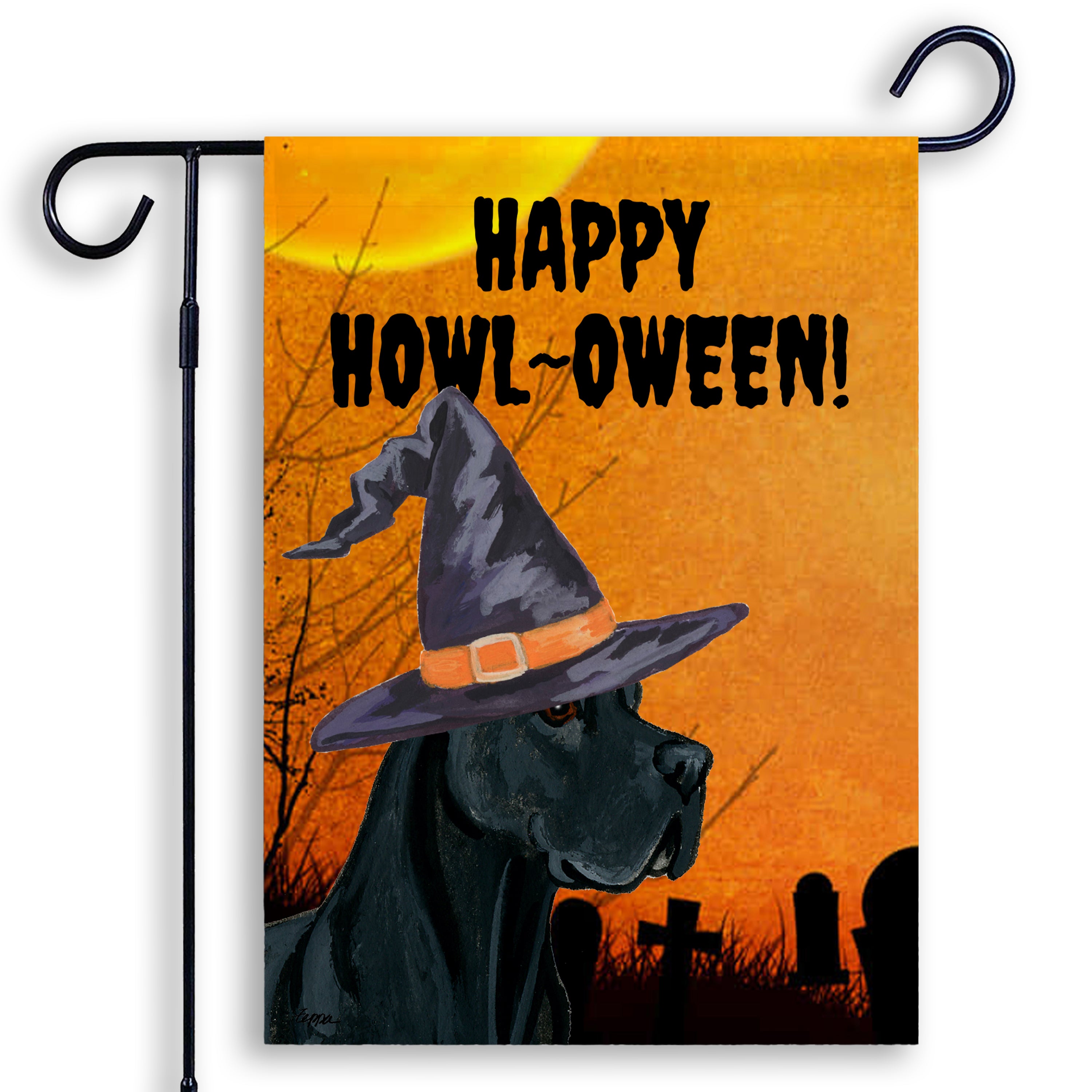 Halloween-themed garden flag with a Great Dane wearing a witch hat and 'Happy Howl-Oween!' text on an orange background.