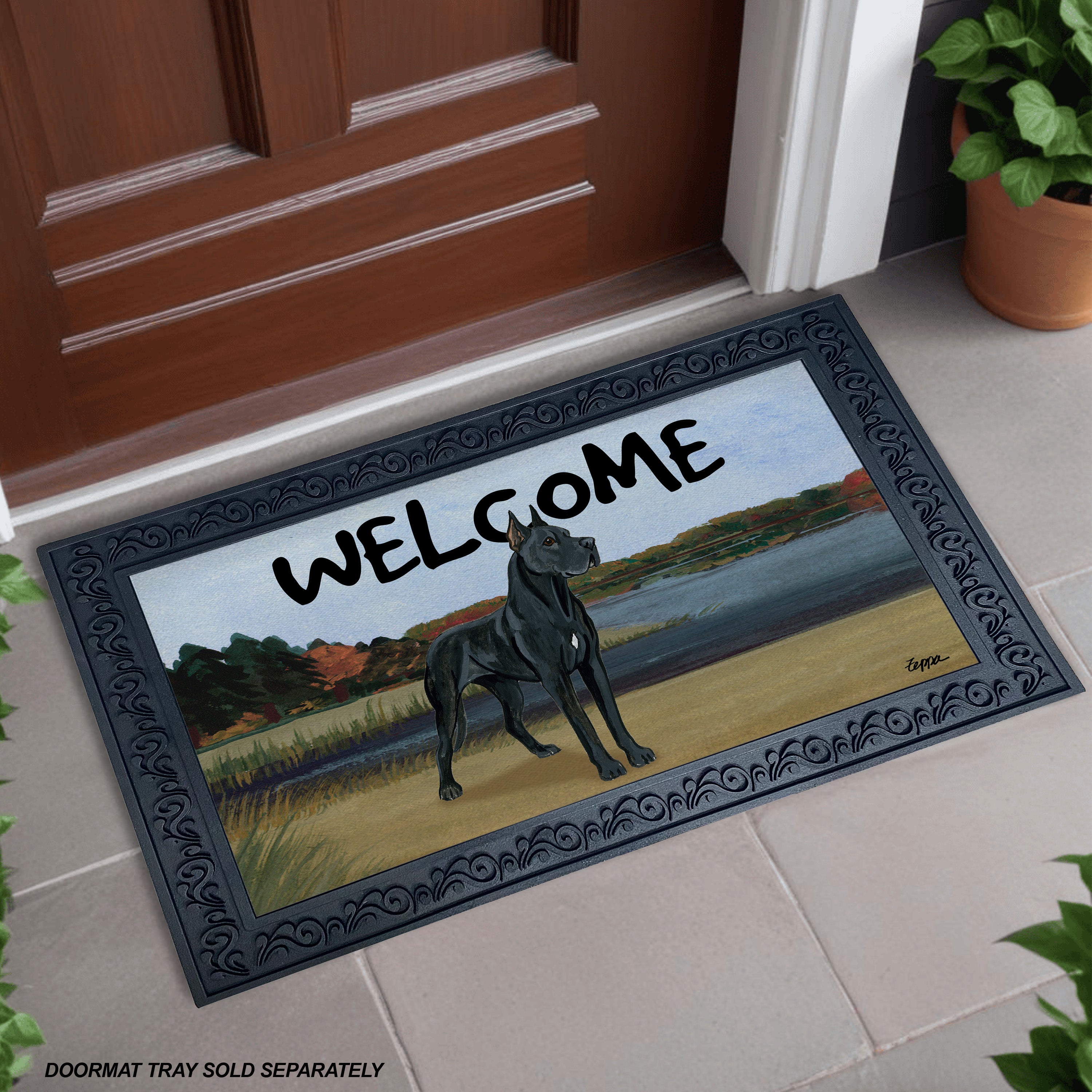 Black Great Dane Lake Scene Welcome Mat