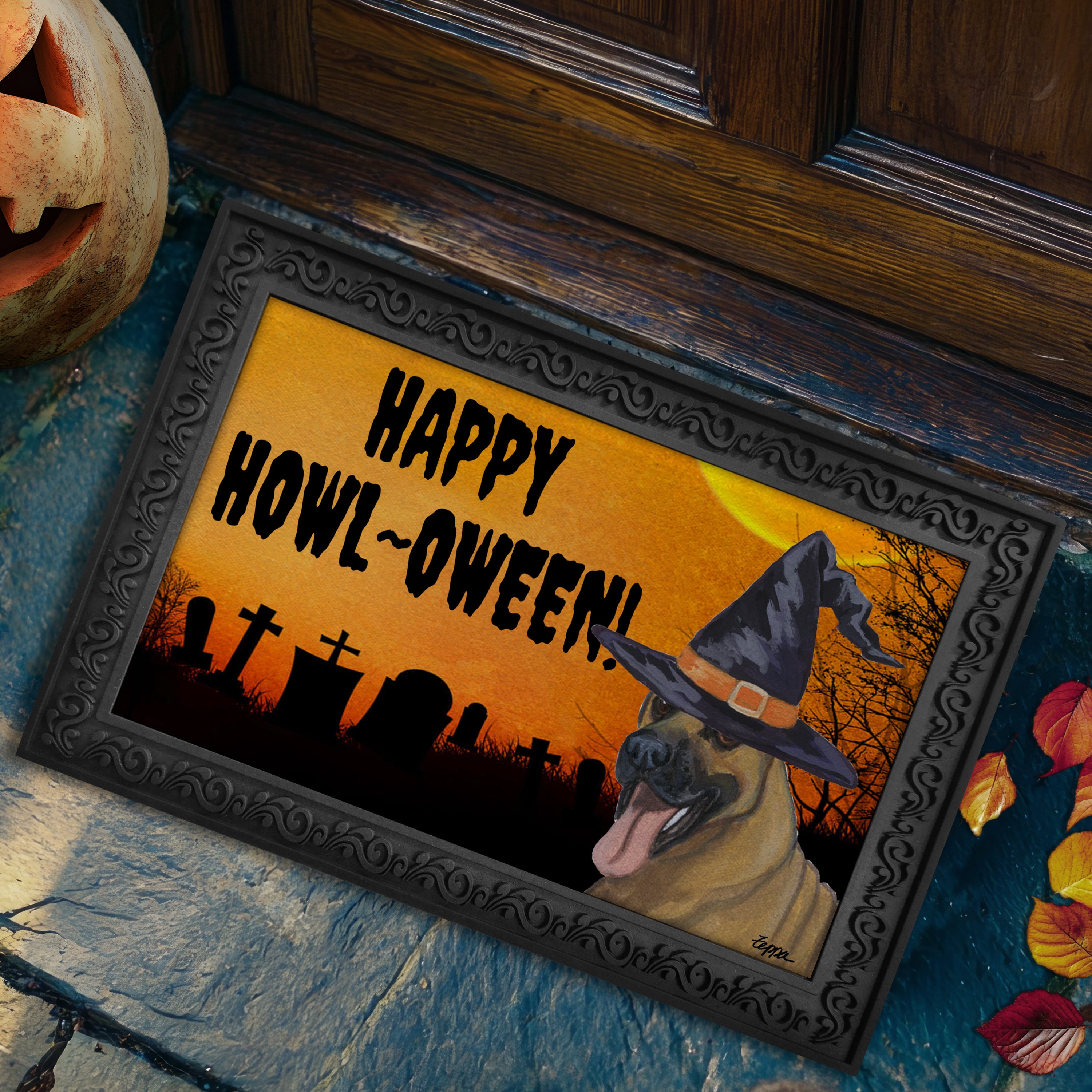 Halloween-themed doormat with a Great Dane wearing a witch hat and 'Happy Howl-Oween!' text, placed on a stone surface.