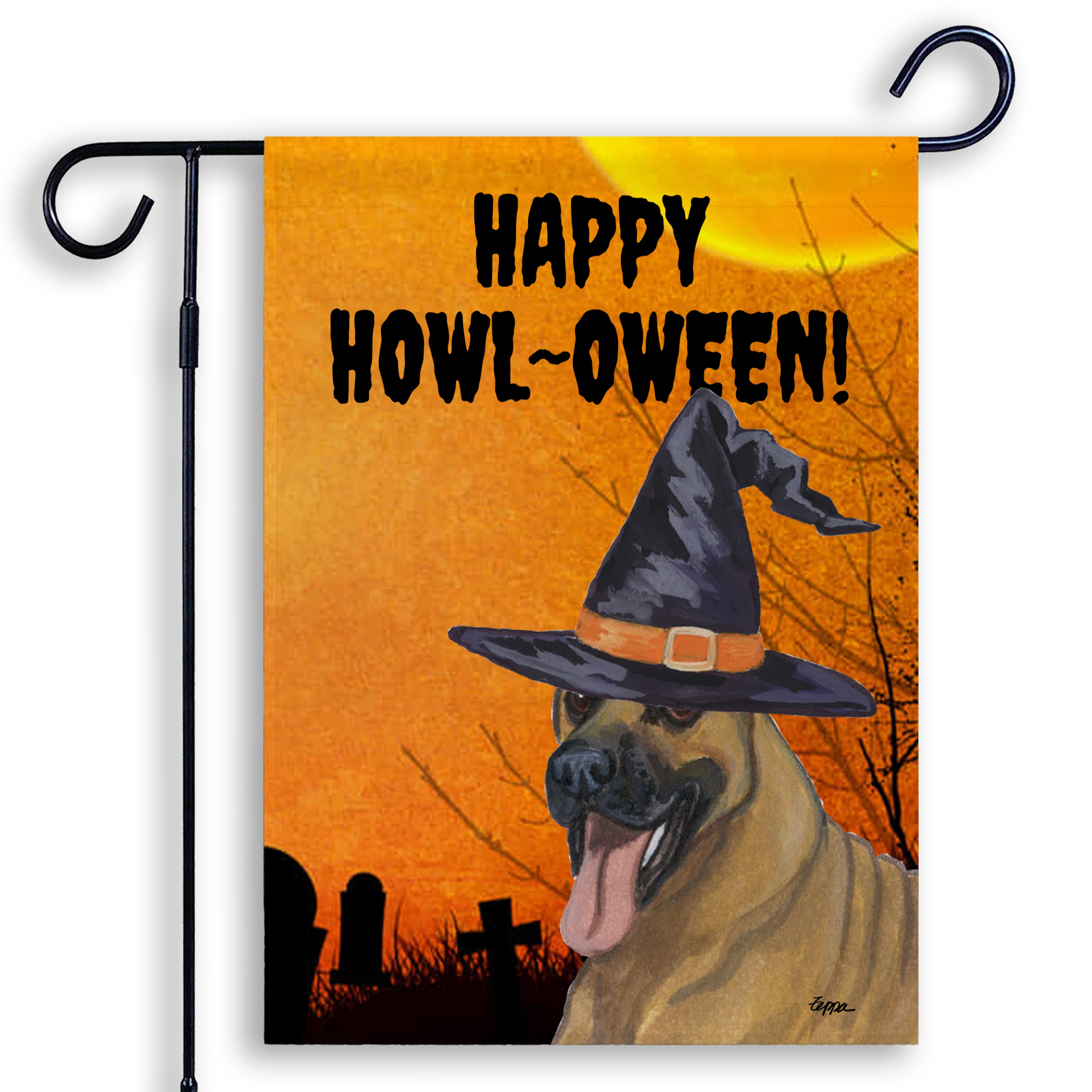 Halloween-themed garden flag with a Great Dane wearing a witch hat and 'Happy Howl-Oween!' text on an orange background.