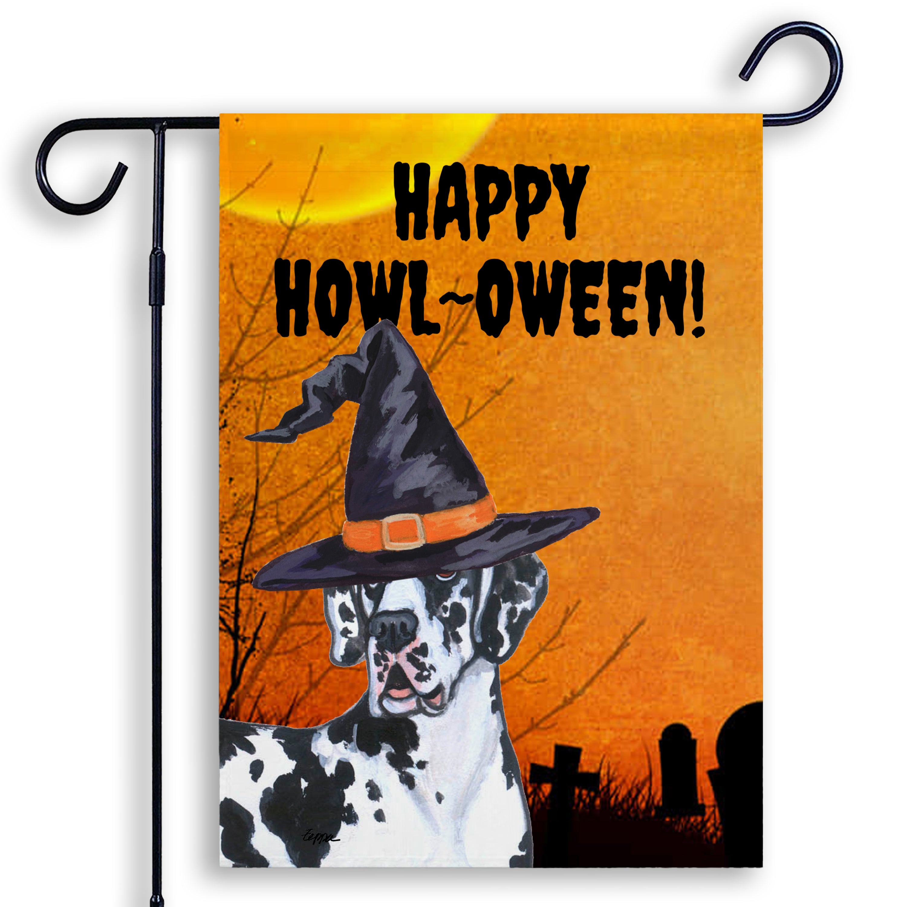 Halloween-themed garden flag with a Great Dane wearing a witch hat and 'Happy Howl-Oween!' text on an orange background.