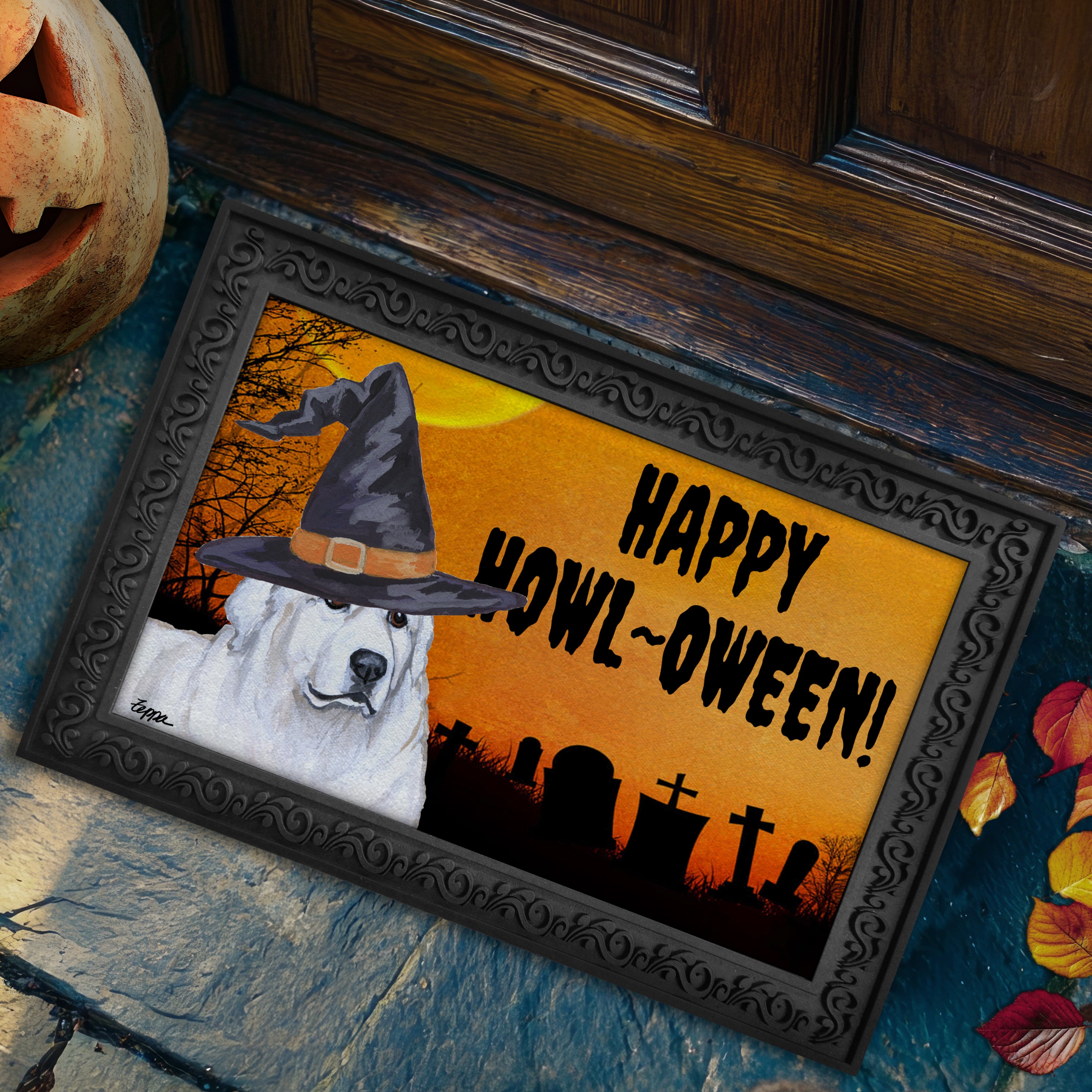 Halloween-themed doormat with a Great Pyrenees wearing a witch hat and 'Happy Howl-Oween!' text, placed on a stone surface.