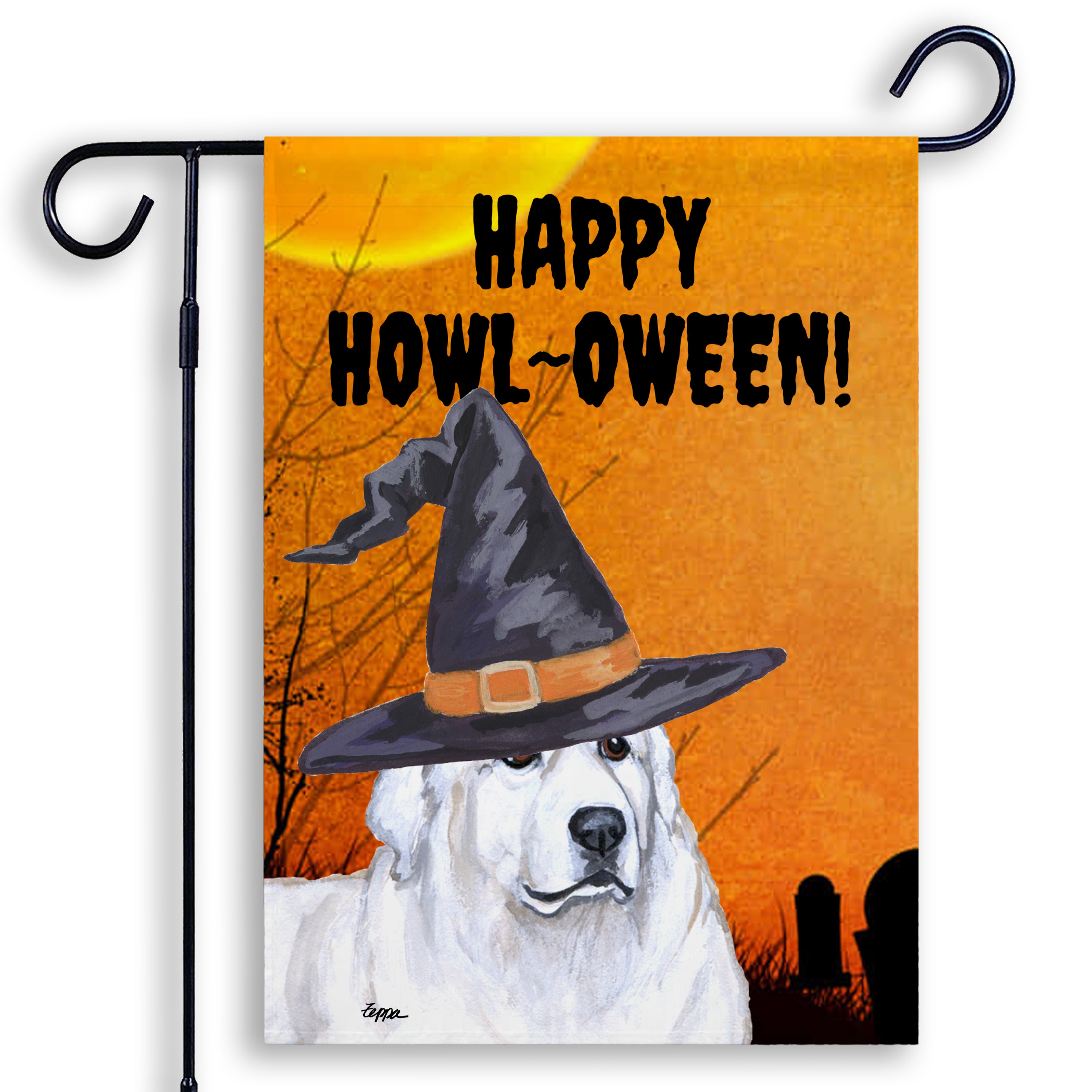 Halloween-themed garden flag with a Great Pyrenees wearing a witch hat and 'Happy Howl-Oween!' text on an orange background.