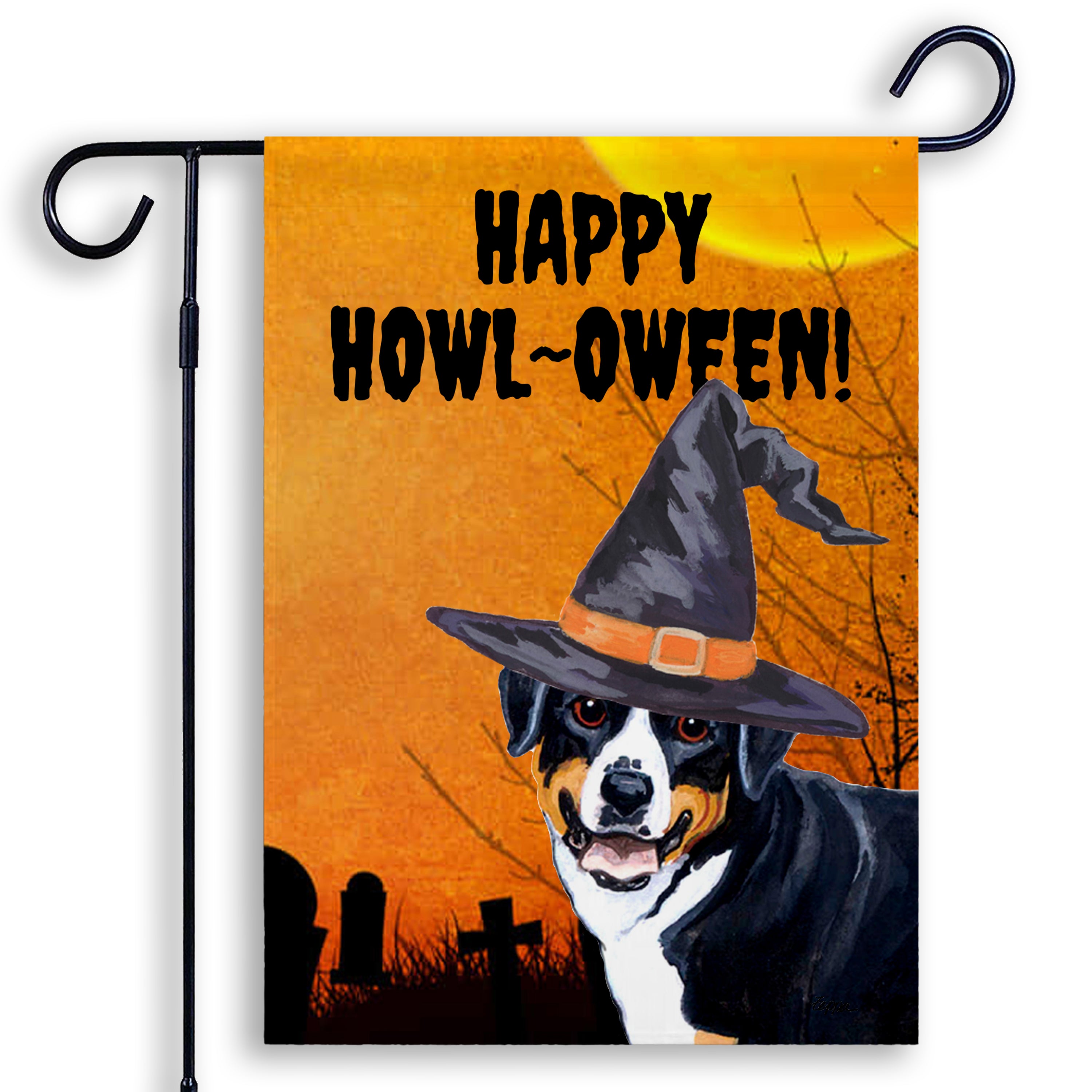 Halloween-themed garden flag with a Greater Swiss Mountain Dog wearing a witch hat and 'Happy Howl-Oween!' text on an orange background.