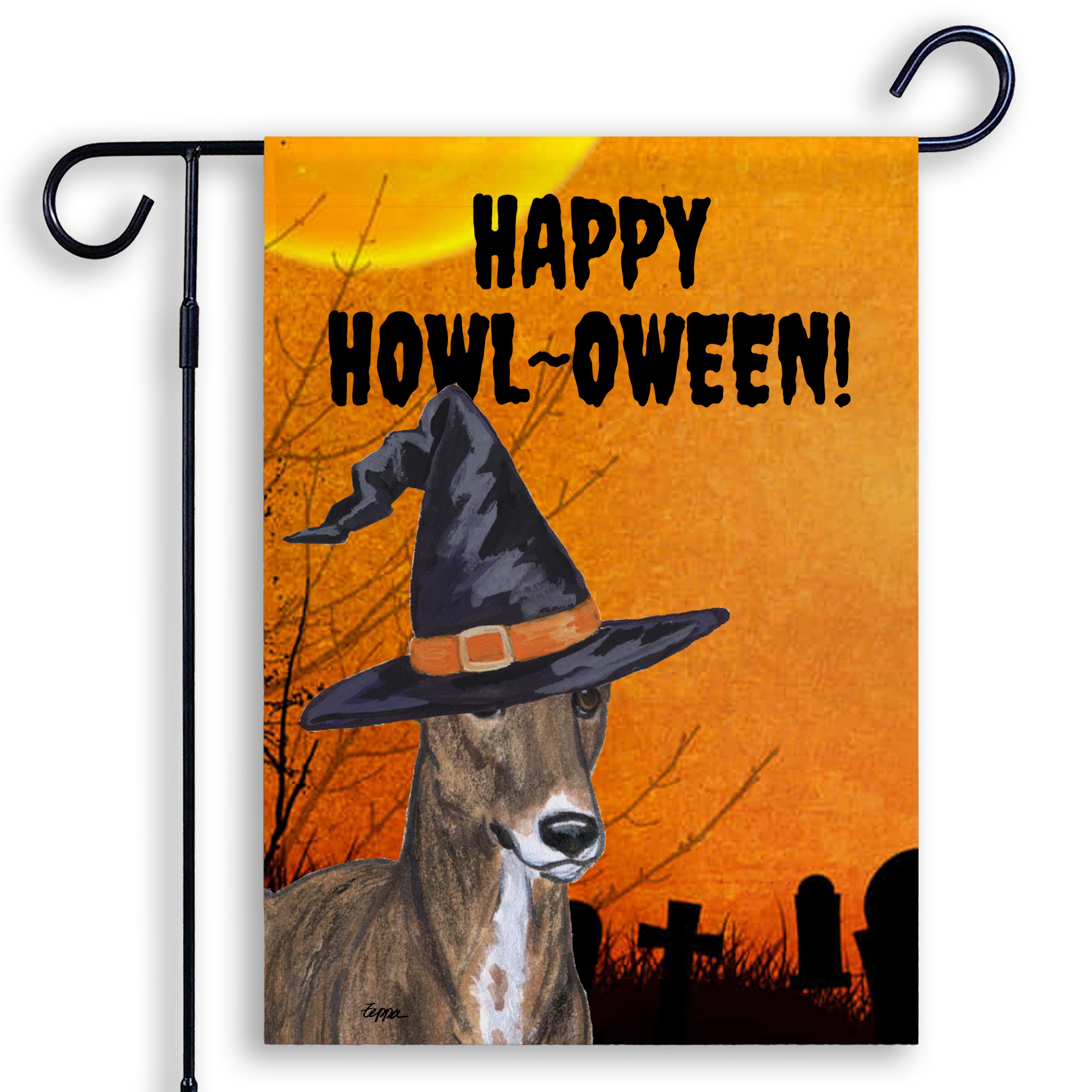 Halloween-themed garden flag with a Greyhound wearing a witch hat and 'Happy Howl-Oween!' text on an orange background.